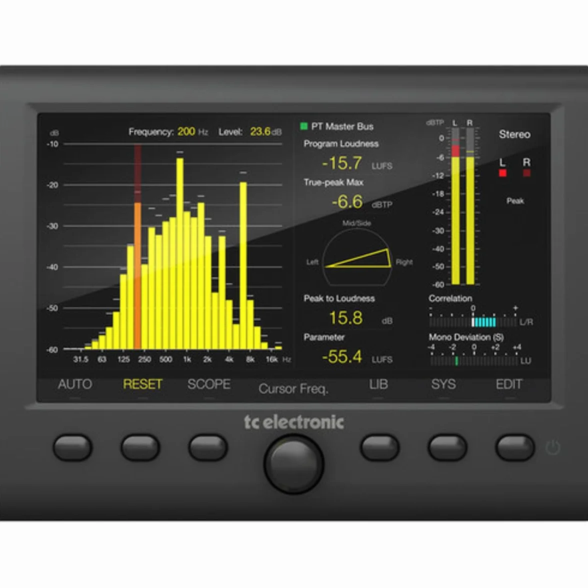 Medidor de audio estéreo TC Electronic CLARITY M STEREO con pantalla de alta resolución de 7" y conexión USB para medición enchufable