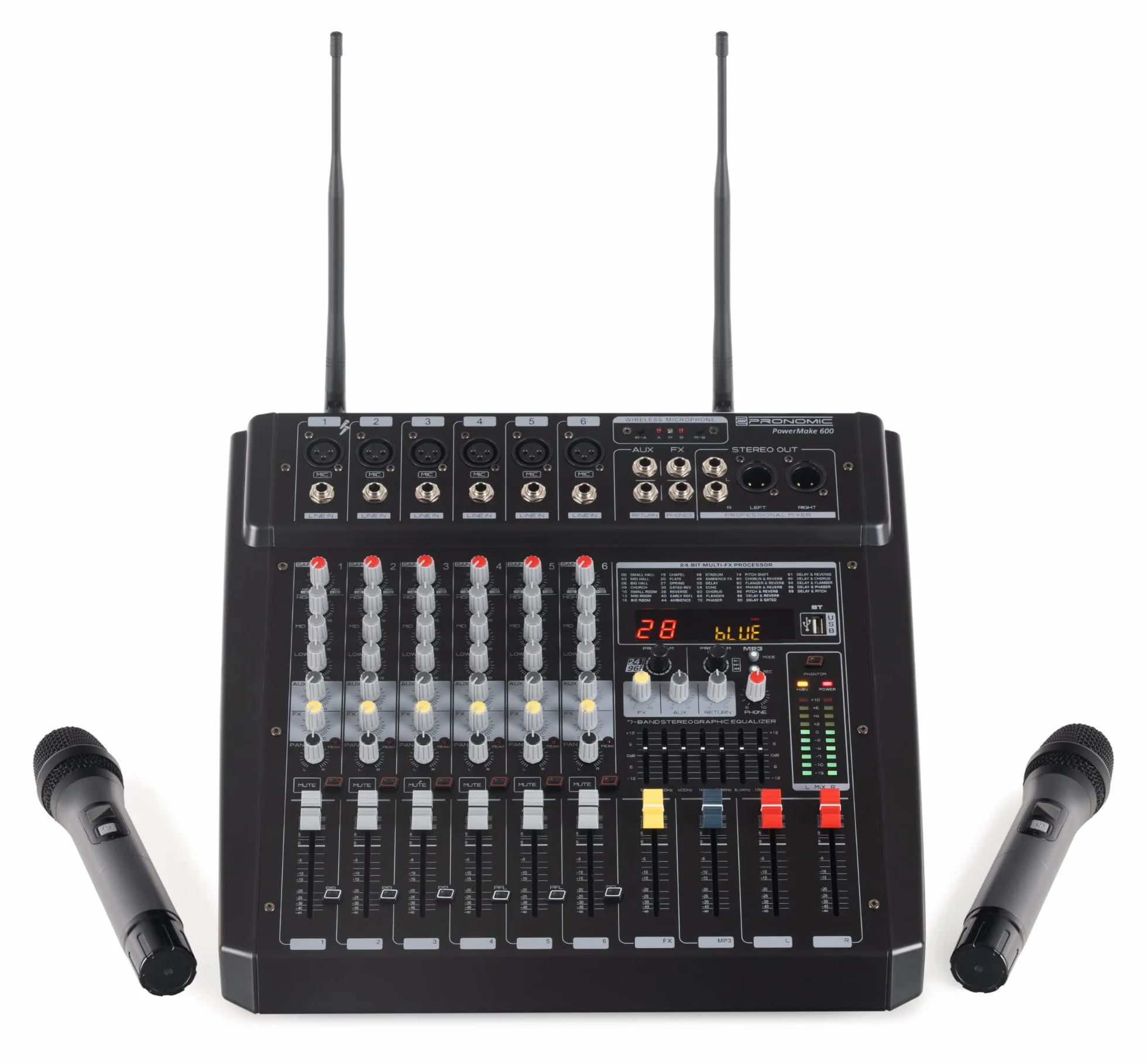 Pronomic Powermake 600 Mezclador 6 Canales con 2 Micrófonos UHF, 760W RMS, Procesador Multi-Efectos 24Bit, Reproductor/Grabador Bluetooth®/USB, Ecualizador Gráfico, Negro.