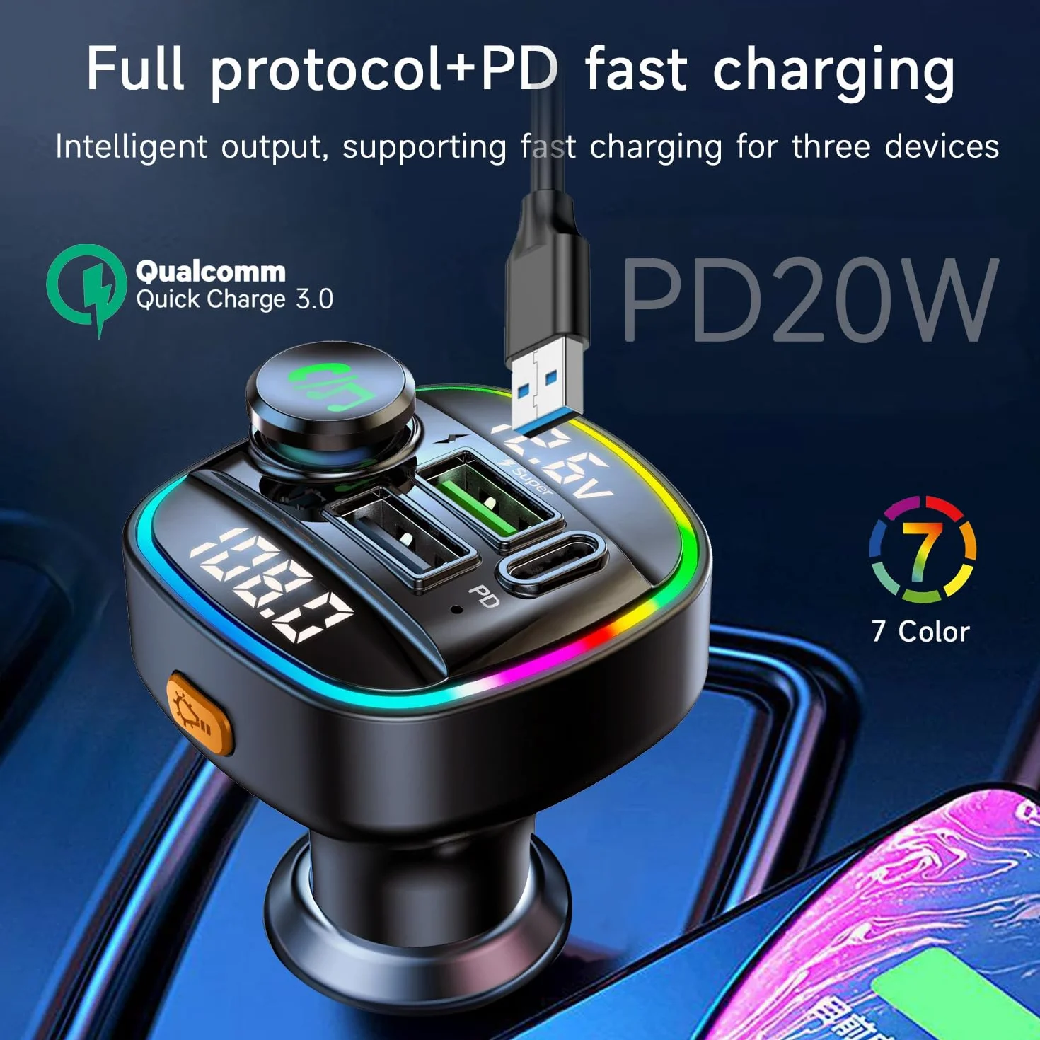 QUMOX Transmisor FM Bluetooth 5.0 para Coche, Adaptador C22 con Carga Rápida PD 20W, Pantalla de Voltaje, Gran Perilla de Control, Reproducción USB/TF, Asistente de Voz, Llamadas Manos Libres
