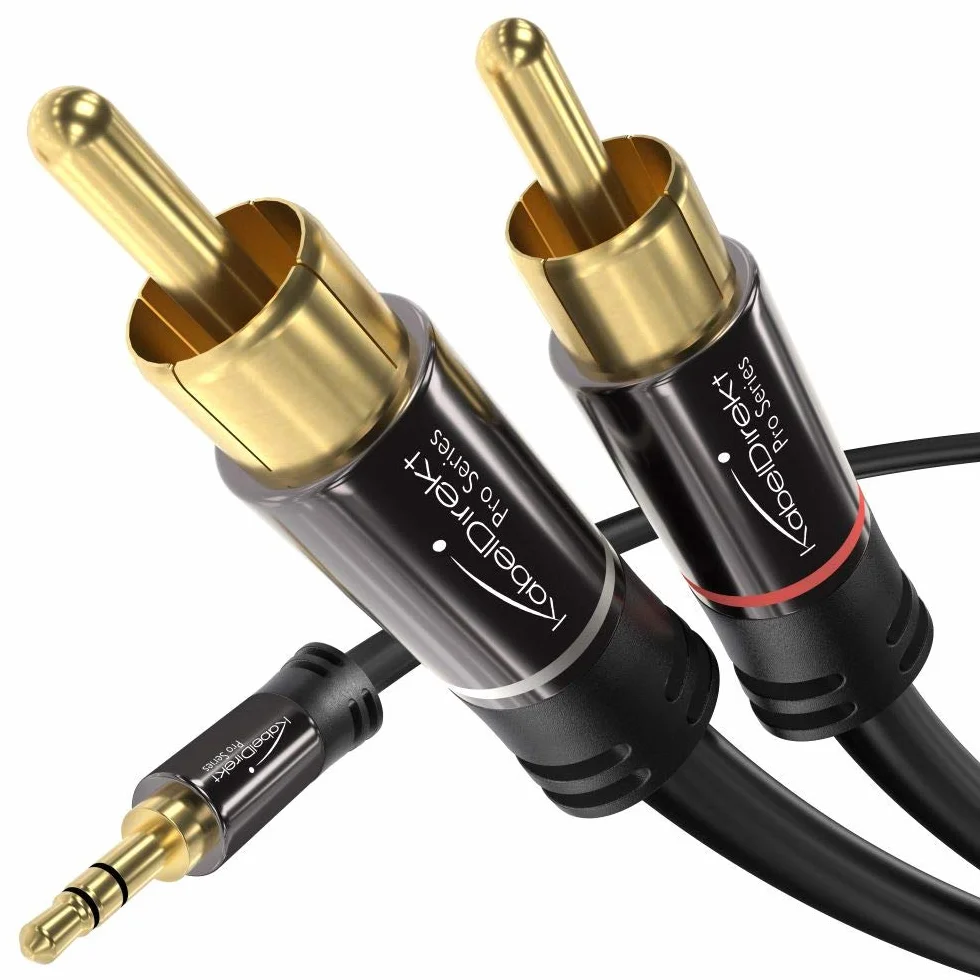 KabelDirekt – Cable adaptador macho Aux/3.5mm a RCA/phono – 3m – 2 enchufes RCA/phono (cable splitter audio Y, para conectar smartphones/notebooks y otros equipos a sistemas Hi–Fi/altavoces, negro)