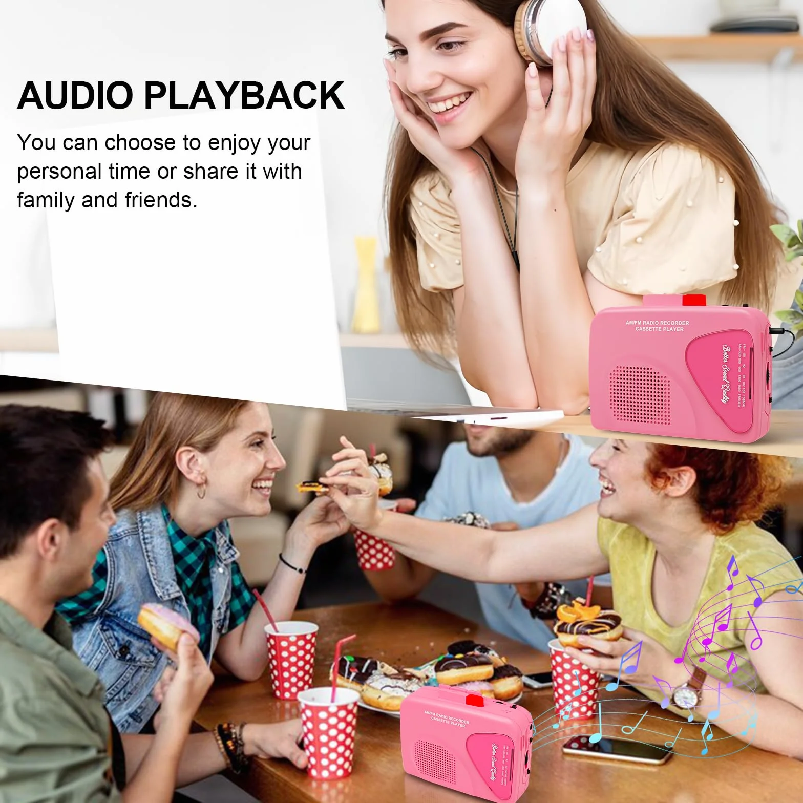 Reproductor de Casete Walkmaner T201, Grabadora Portátil Radio AM/FM, Altavoces Integrados, Rosa