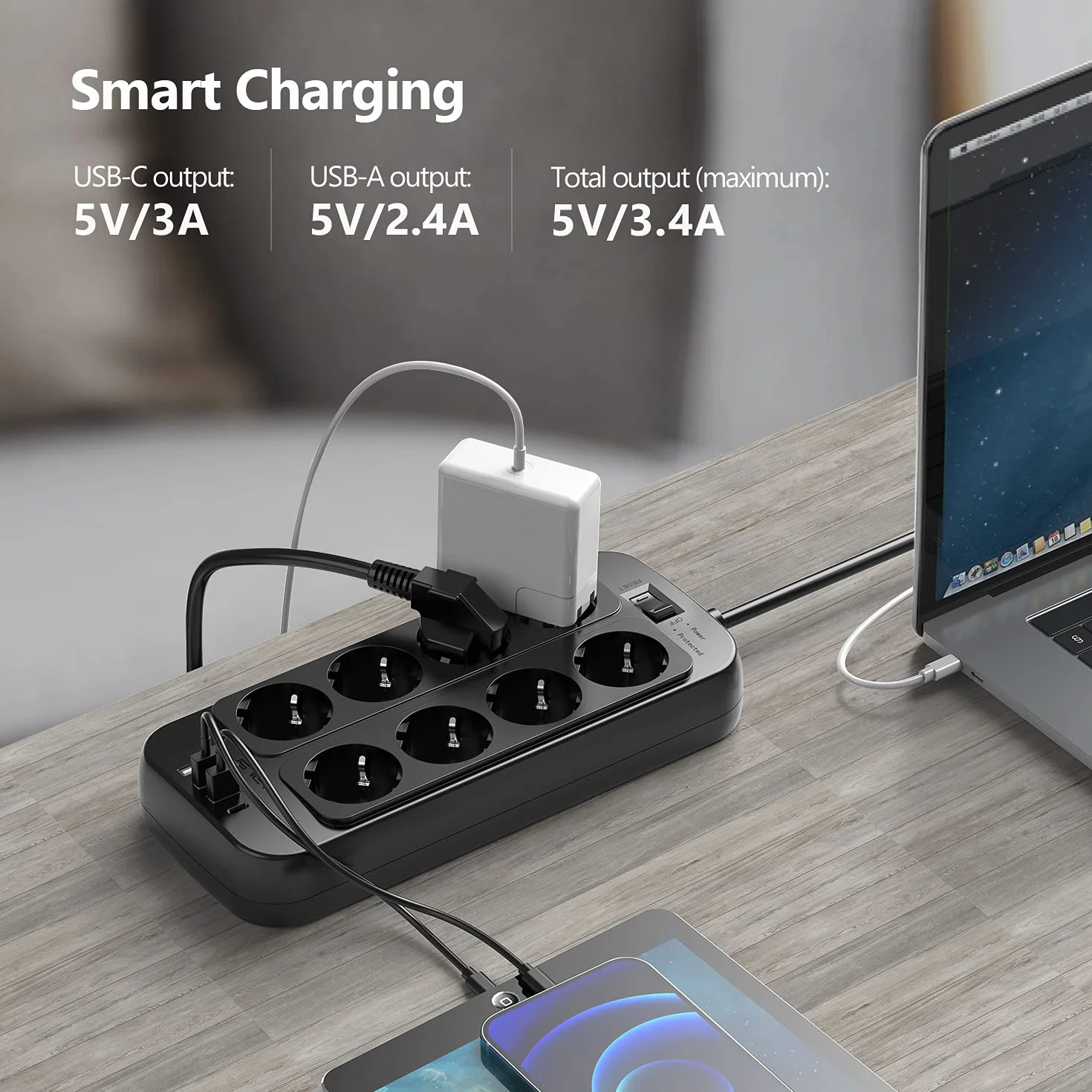 JSVER Regleta Enchufes USB 8 Tomas 4 Puertos 5V3.4A Protección Sobretensión Cable 1.8m Negro
