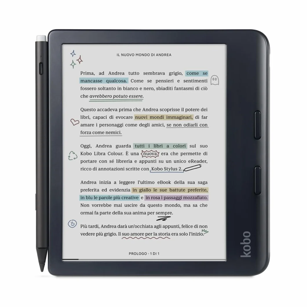 Kobo Libra Colour con Kobo Stylus 2 Lector Electrónico Pantalla Antirreflectante Tinta Kaleido 3.7 Modo Oscuro Audiolibros Impermeable Negro