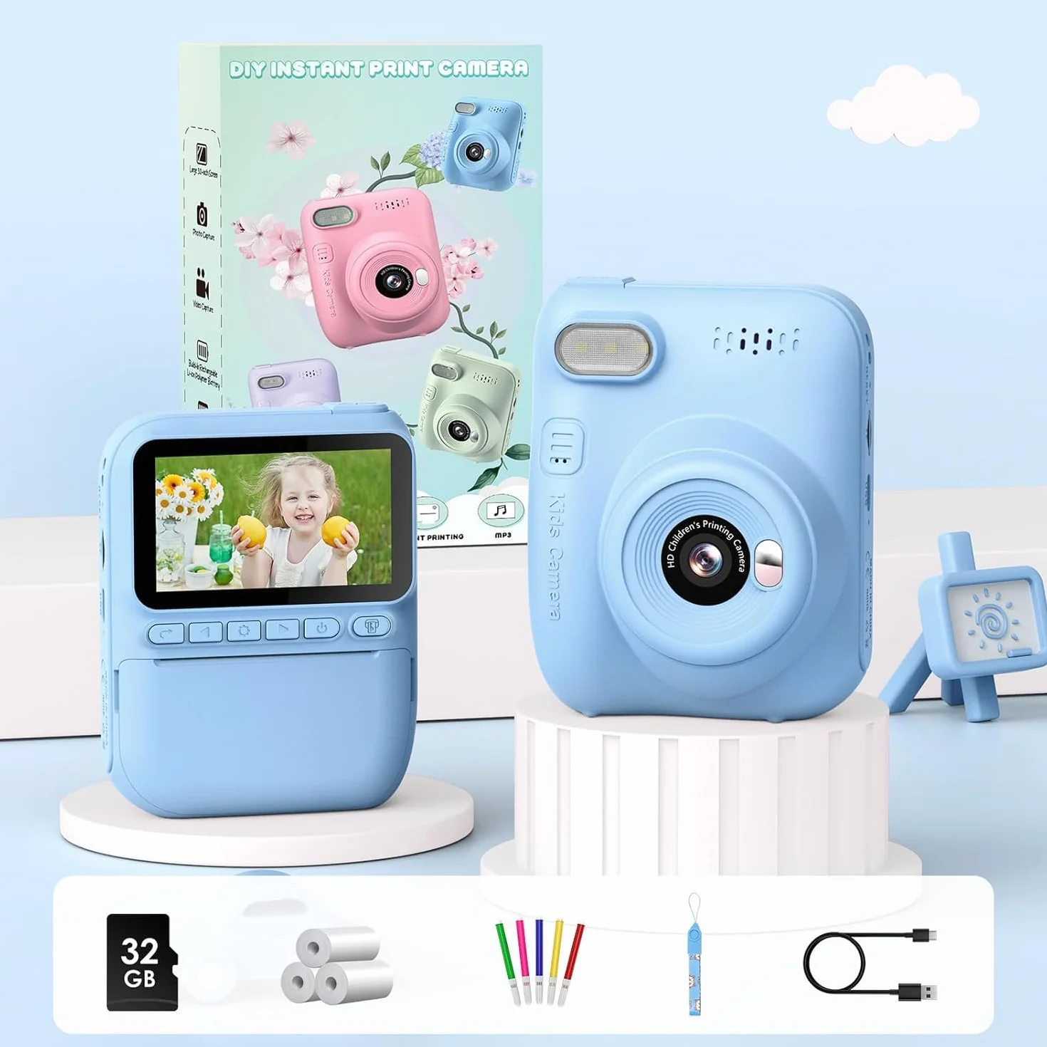 GREENKINDER Cámara Fotos Infantil Instantánea 14MP HD 1080P, 3,0 Pulgadas, con Tarjeta 32 GB y Papel de Impresión