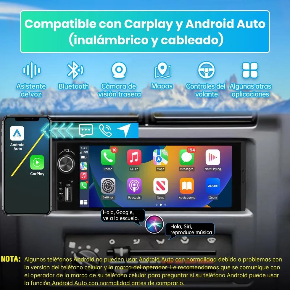 Junsun 6.36 Pulgadas 1 DIN Radio Coche Universal con Pantalla Táctil, con CarPlay/AndroidAuto/Admite Carga Type-C/USB/Micrófono/FM/EQ/WiFi/GPS/Bluetooth 5.0/USB/SWC y Cámara Trasera con Cable 6M