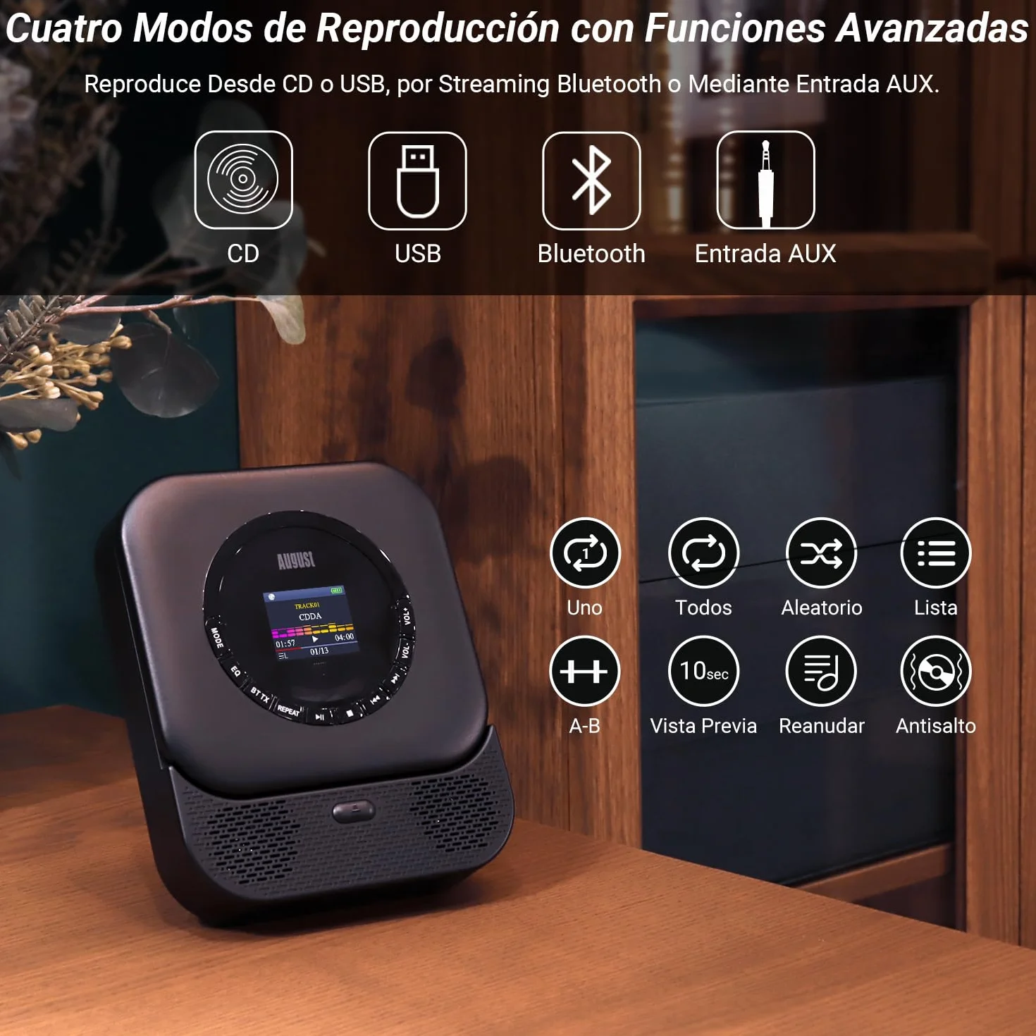 August SE15 Reproductor de CD Portátil con Bluetooth 5.3, USB, AUX In/out, Leitor CD Altavoces Estéreo 6W, Recargable Lector CD, EQ, Antigolpes, Repetición, Montaje en Pared, Auriculares y Mando