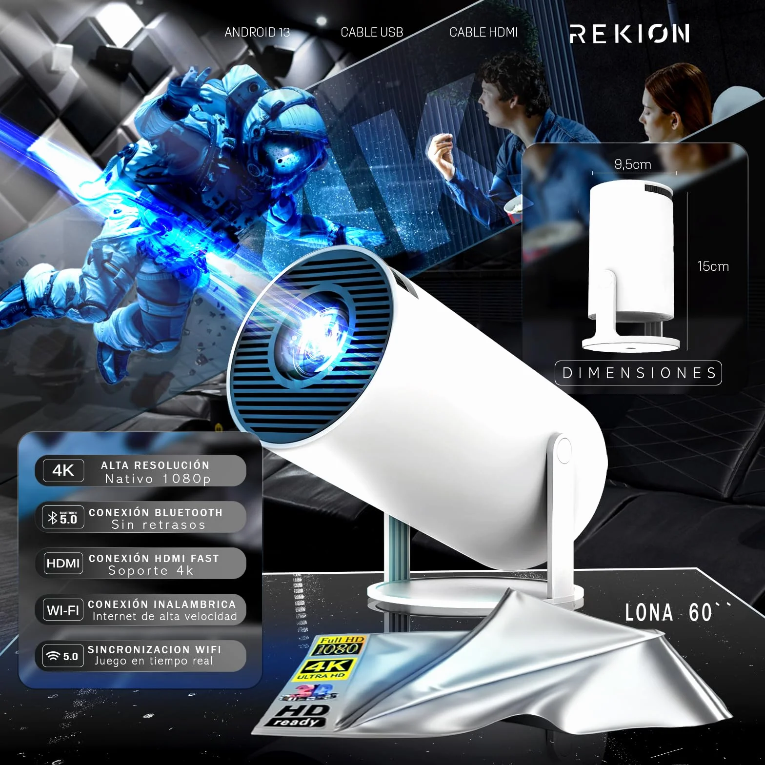 REKION® [Apps INTEGRADAS] Super Pack Mundial Proyector Portatil HY.300 4K + Pantalla 60 Pulgadas | HDMI Incluido + 1080P Full HD 250 ANSI 9000 Lúmenes | WiFi 6 Bluetooth 5.0 | Android 13 | 180°