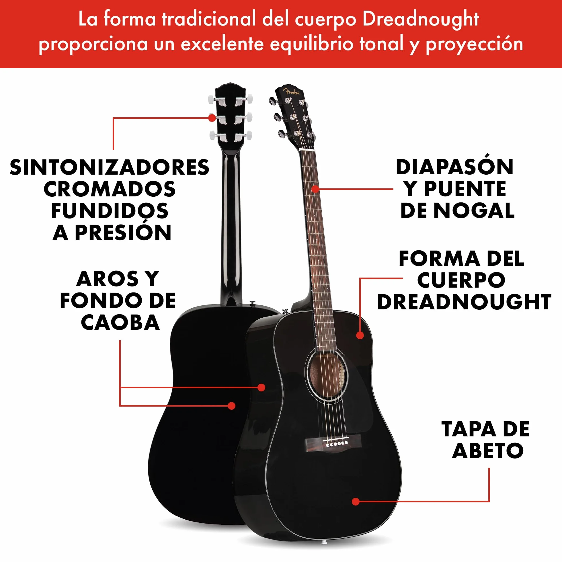 Fender CD-60 Dreadnought V3 DS Guitarra Acústica, Diapasón de Nogal, Negro, Incluye cursos virtuales gratuitos en Fender Play