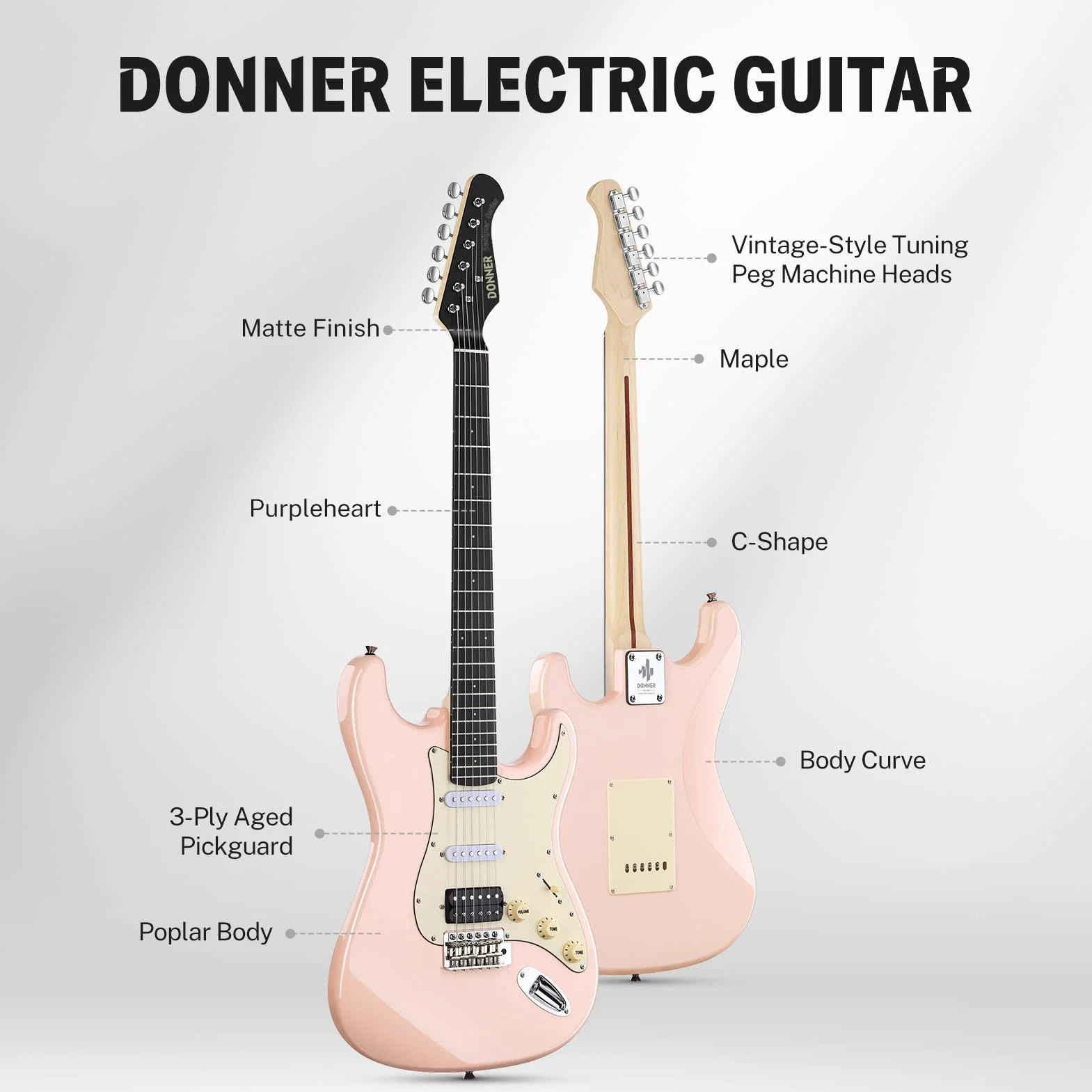 Donner Juego de guitarra eléctrica Full Size, pastillas HSS Coil Split, 39 pulgadas Solid Body ST Guitar Beginner Set con bolsa, correa, cable (Designer Series, Retro Pink)