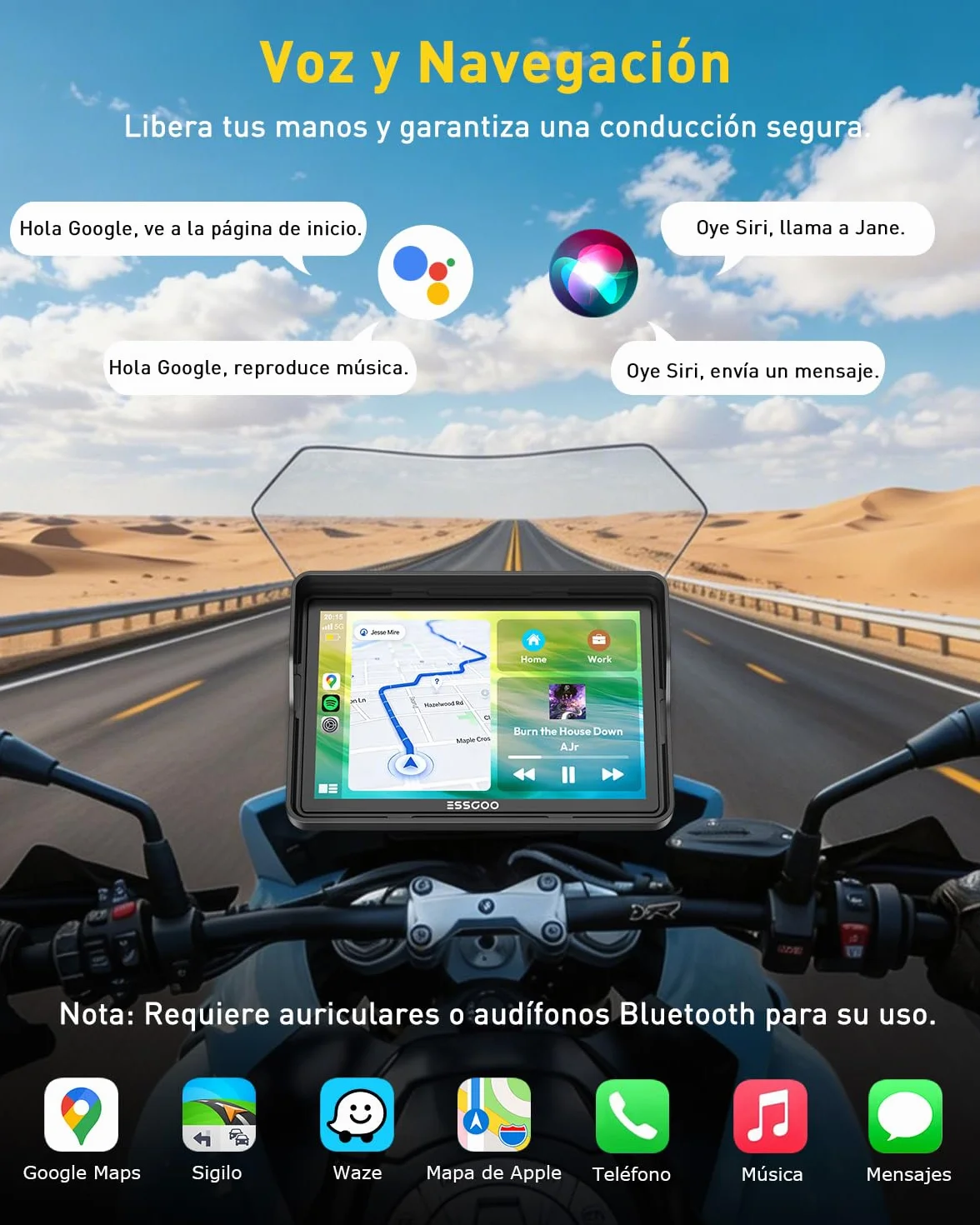 ESSGOO Carplay Moto 5 Pulgadas Pantalla Táctil, Android Auto GPS Navegador, Inalámbrico, IP67, Dual Bluetooth