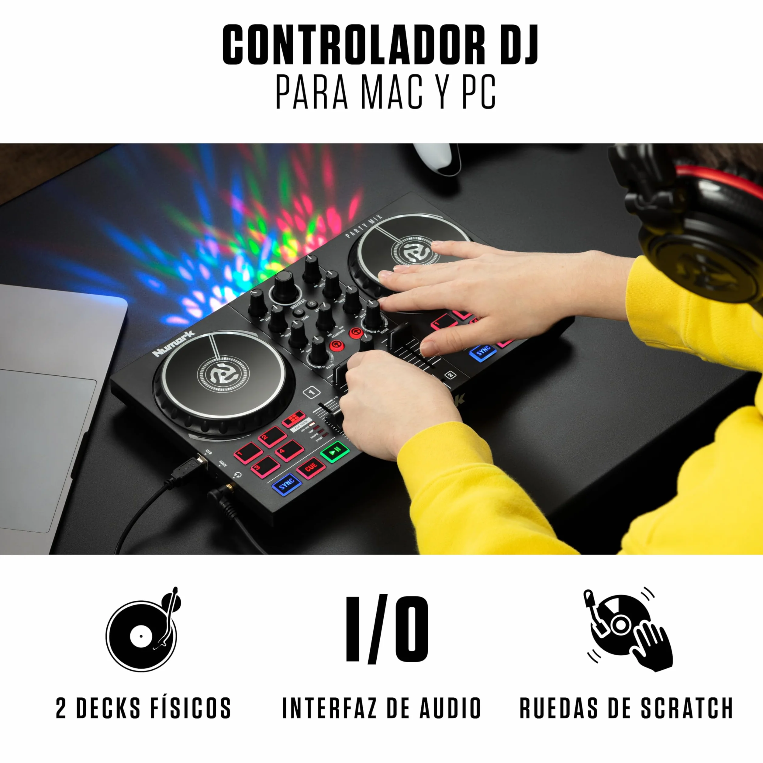 Numark Party Mix II Controladora DJ, Mesa de Mezclas Con Luces Integradas, Mezclador DJ e Interfaz Audio, Con Serato DJ Lite