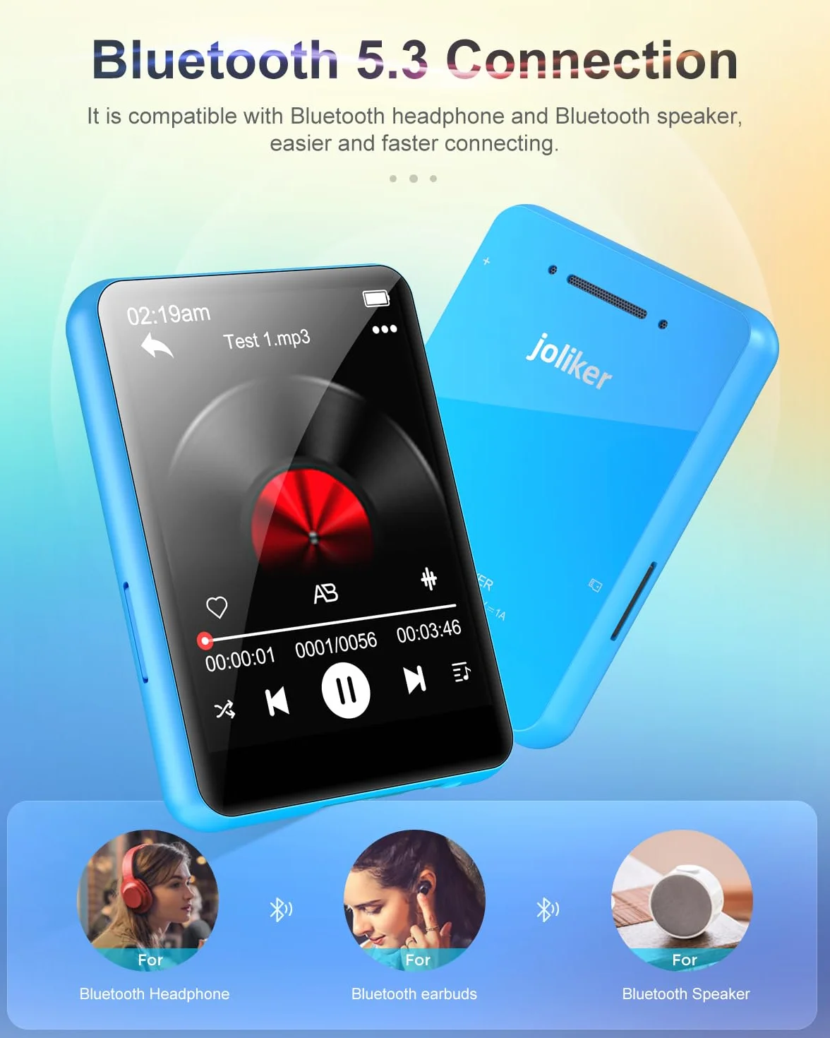 Reproductor MP3 Bluetooth 5.0 64GB HiFi Portátil Pantalla Táctil 2.4" Altavoz HD Radio FM Grabadora