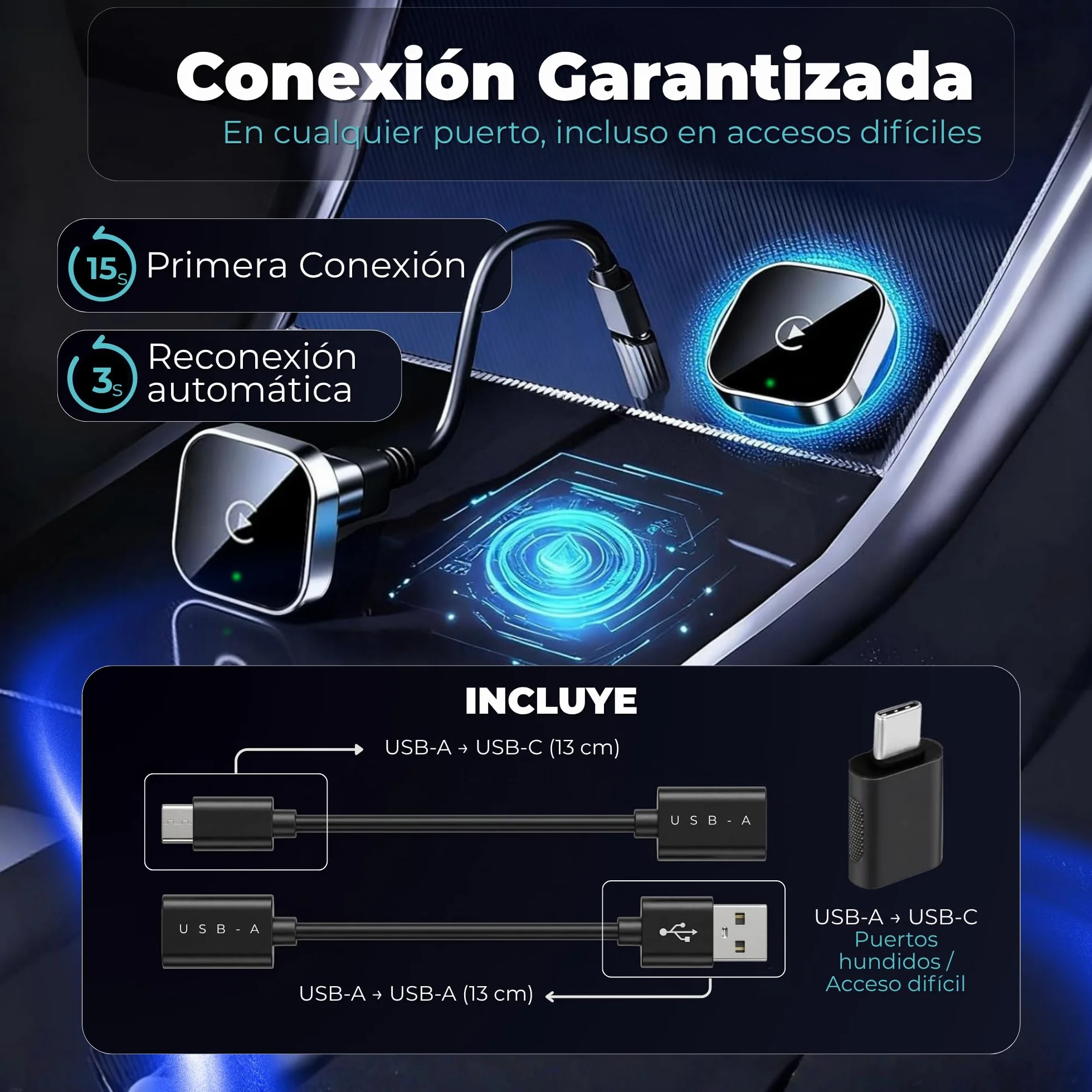 Adaptador CarPlay Inalámbrico y Android Auto Inalámbrico 2 en 1 Mini Versión 2026, Dongle USB-A/USB-C Plug & Play para Coches con CarPlay o Android Auto por Cable