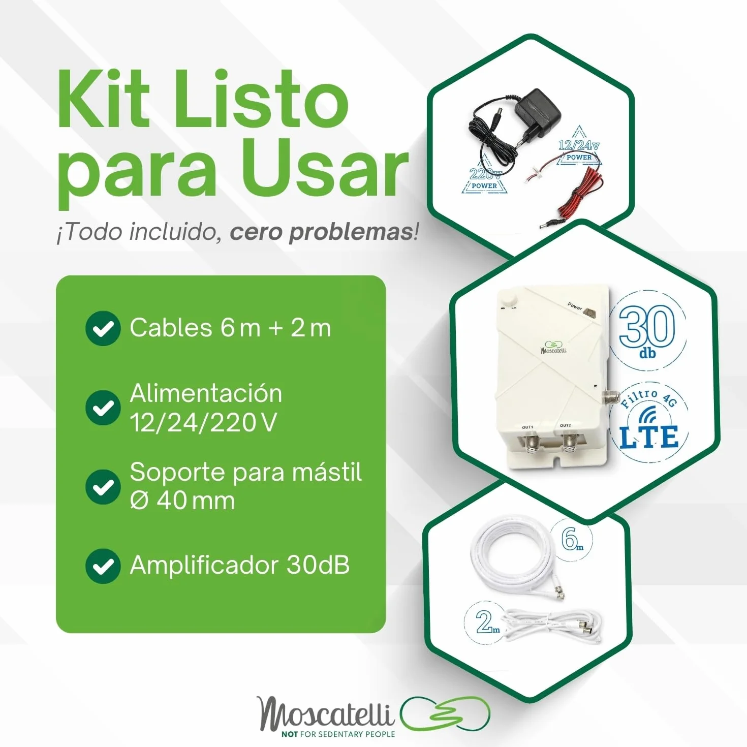 MOSCATELLI Antena TV Omnidireccional TDT DVB-T/T2 Exterior para Autocaravana - Filtro Integrado LTE 4G - 12v-24v-220v - Impermeable Kit Completo Amplificador