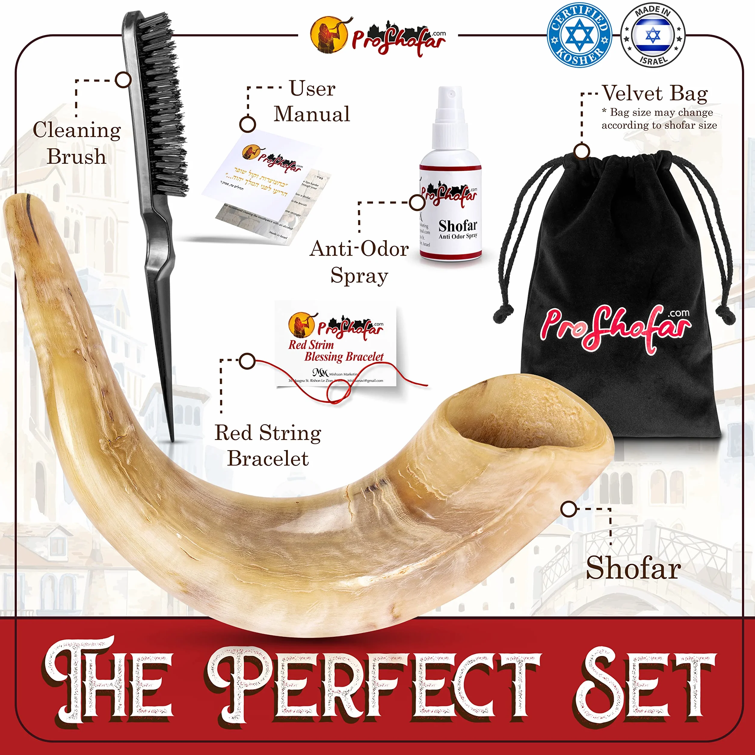 Shofar Set (bolsa de transporte de terciopelo, spray neutralizador de olores, cepillo de limpieza, guía y pulsera roja de Tierra Santa) Ram Shofar pulido, Kosher fabricado en Israel