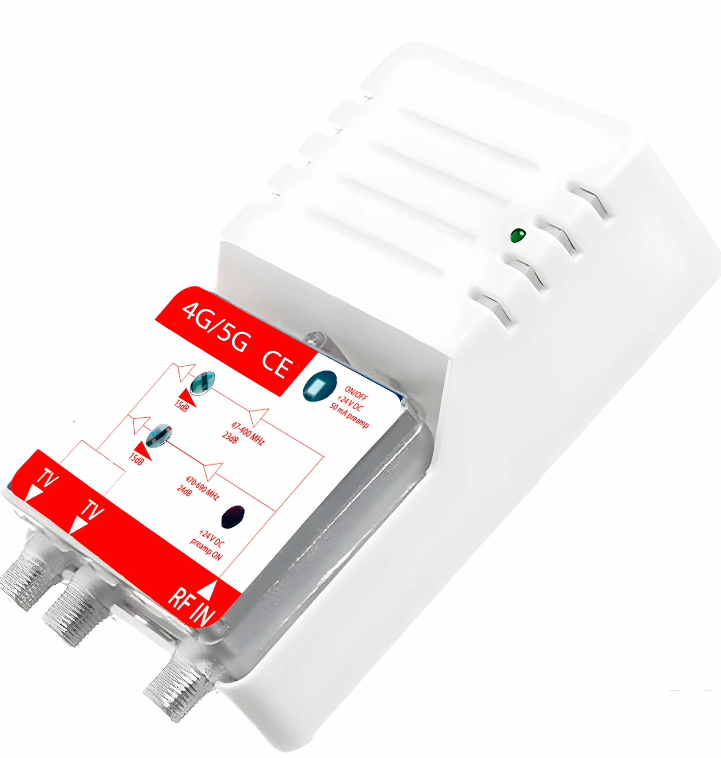 CABLEPELADO - Amplificador Interior de Vivienda UHF/VHF, 12-24db Ajustable, 104dBmV, para Digitale Terrestre DVB-T/T2, con Filtro 5G LTE, 1 Entrada, 2 Salidas