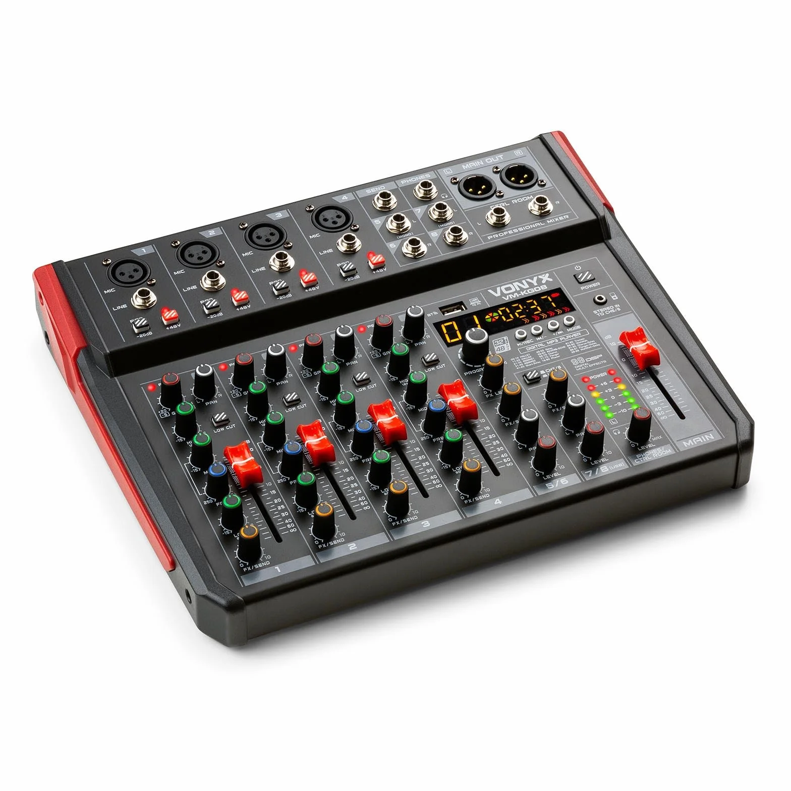 Vonyx VM-KG08 Consola de mezclas de 8 canales - Con Bluetooth, reproductor MP3, interfaz de audio USB, procesador de sonido, alimentación fantasma, pantalla LED, ideal para bares y locales pequeños