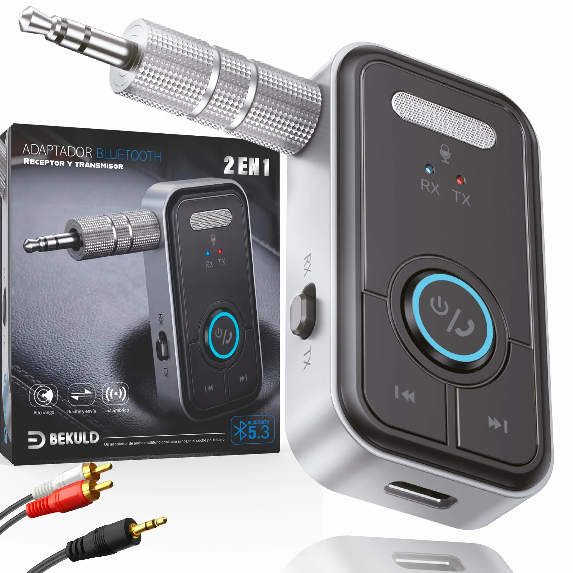 Super Pack Receptor Bluetooth y Transmisor Bluetooth 5.3 Jack 3.5 + RCA | Adaptador Bluetooth Coche AUX y TV | Manos Libres Coche Bluetooth HD, Baja latencia, batería 12h