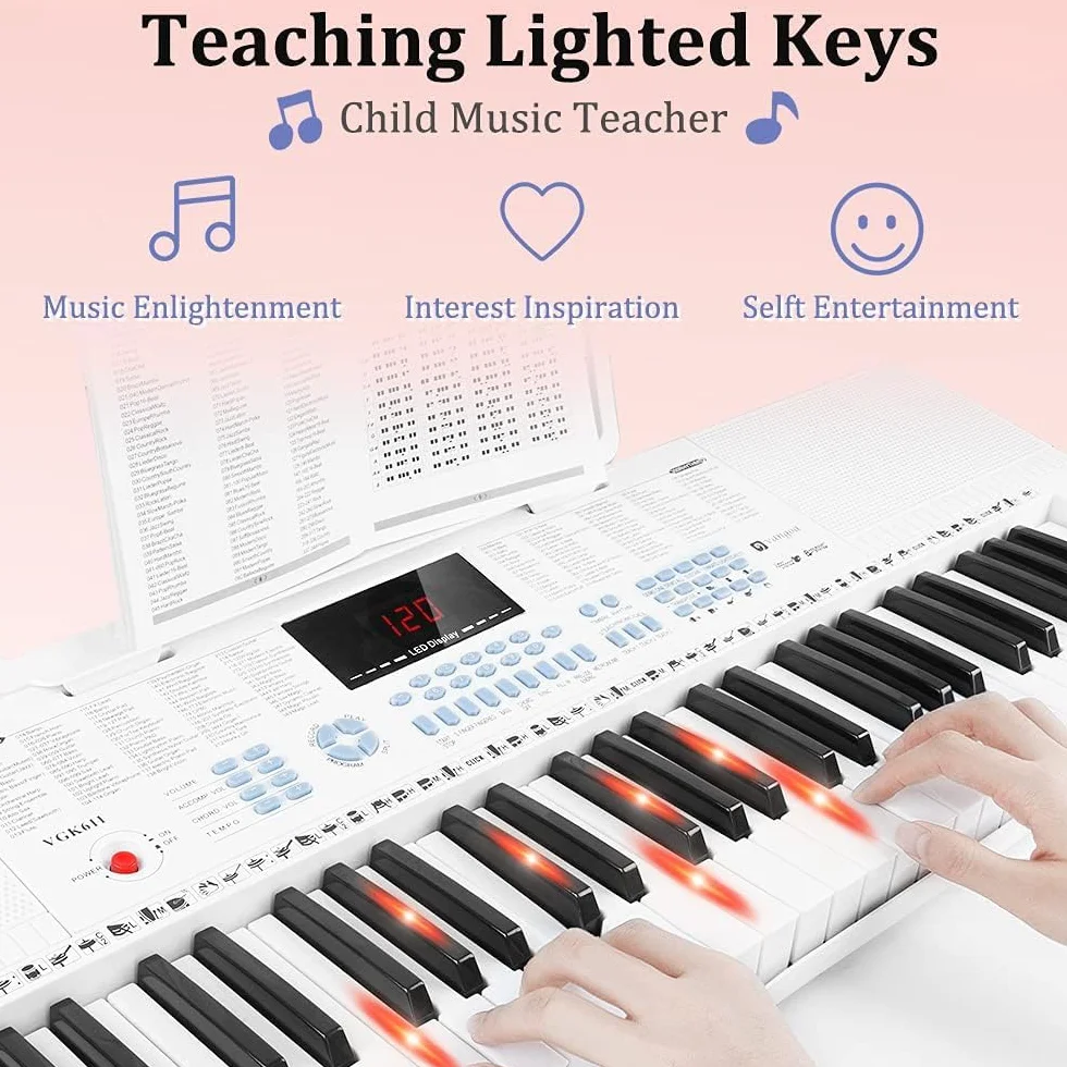 Vangoa Piano 61 Teclas Luminosas, Para Principiantes Niño, Mini Teclado Luminoso Musical, Modos De Enseñanza, 350 Tonos, Blanco