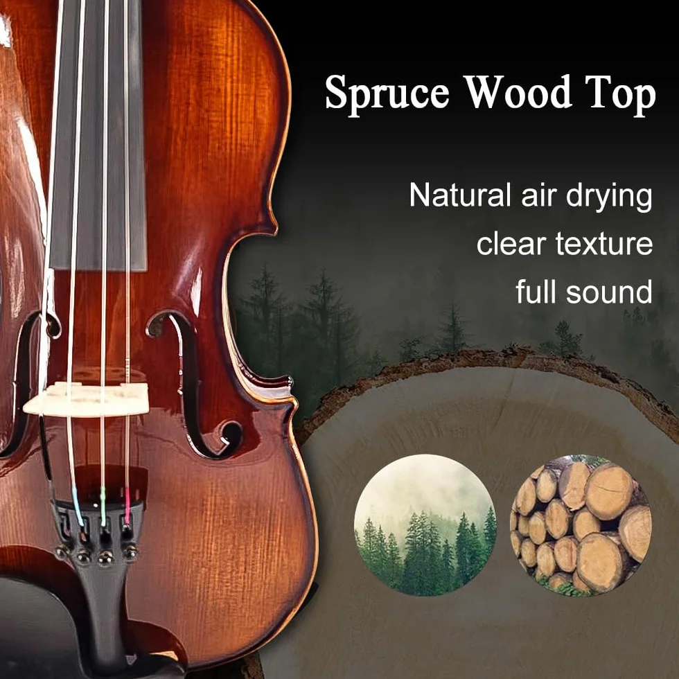 Violín 4/4 conjunto completo para principiantes, adultos, estudiantes, violín de madera maciza de arce y abeto envejecido, accesorios de ébano con estuche rígido, soporte para hombro, arco