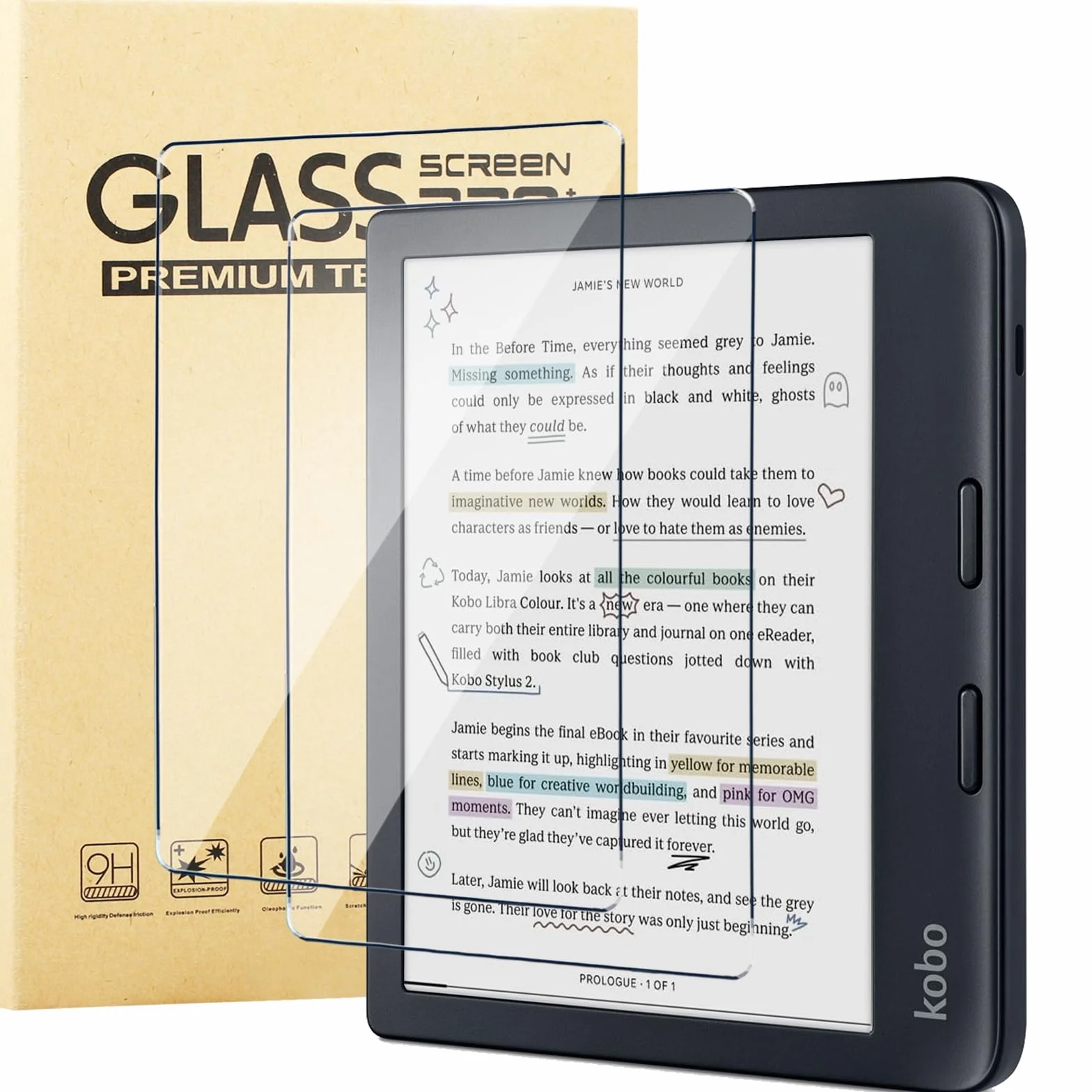 Protector de Pantalla para Kobo Libra Colour, [2 Pack] Cristal Templado Película Anti-arañazos, Alta Dureza HD Transparente Vidrio Templado para Kobo Libra Color
