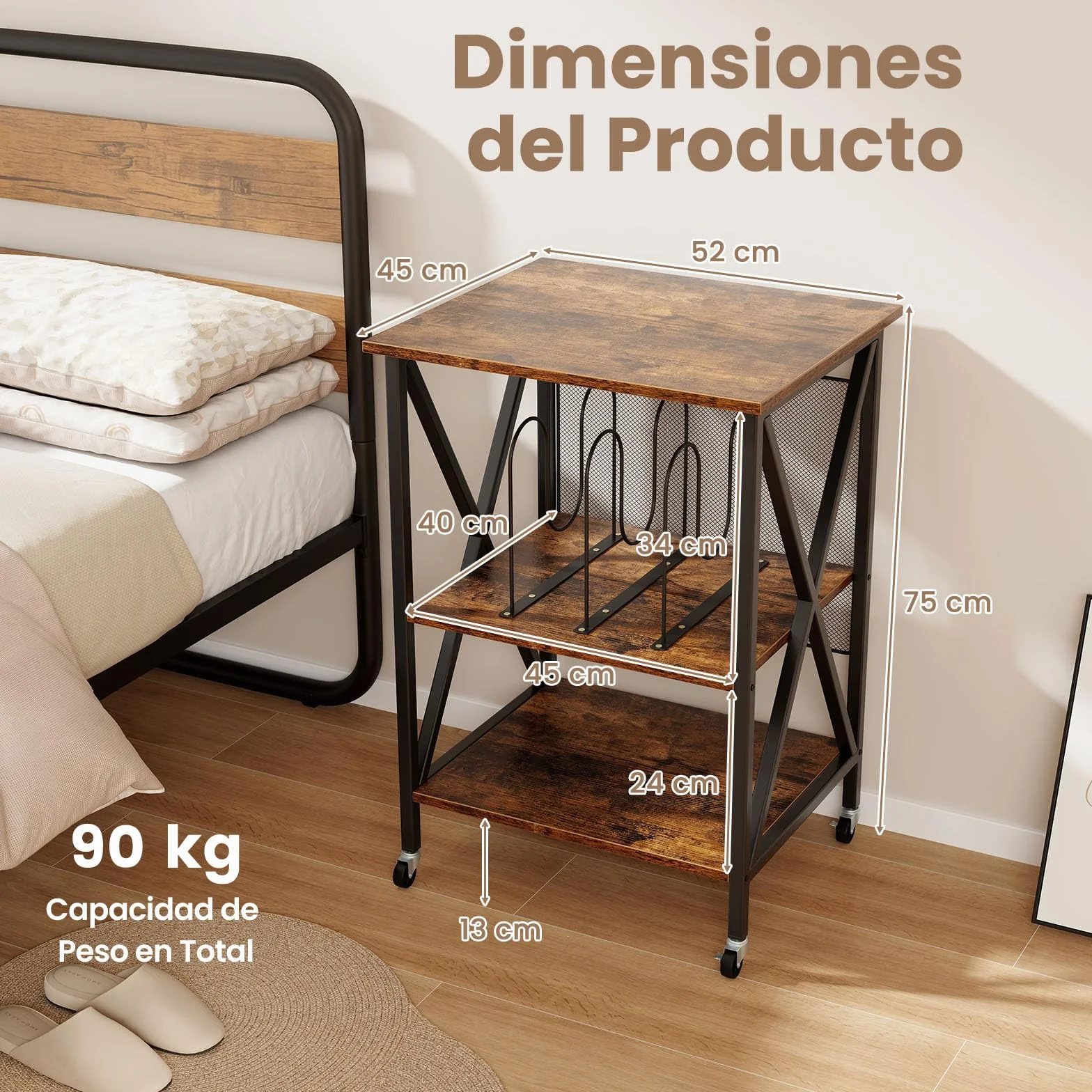 GIANTEX Soporte para Tocadiscos con Estación de Carga, 52 x 45 x 75 cm, Mesa Auxiliar con Espacio para Almacenar Discos de Vinilo, con 4 Ruedas, Estantería de Discos para Salón, Dormitorio (Marrón)