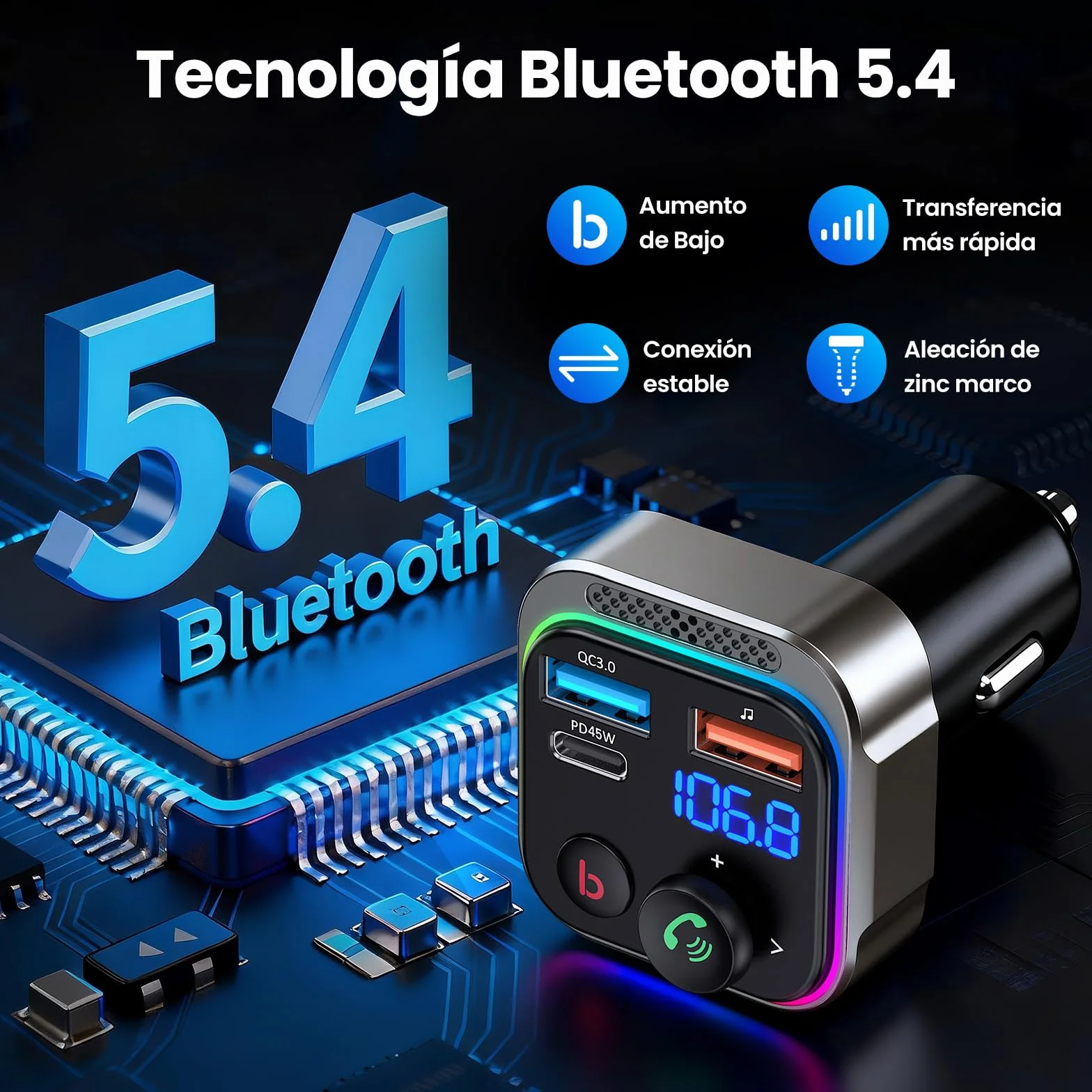 GizmoVine Bluetooth FM Transmitter Car Charger 63W PD 45W 18W Dual USB LED Handsfree Zinc Alloy