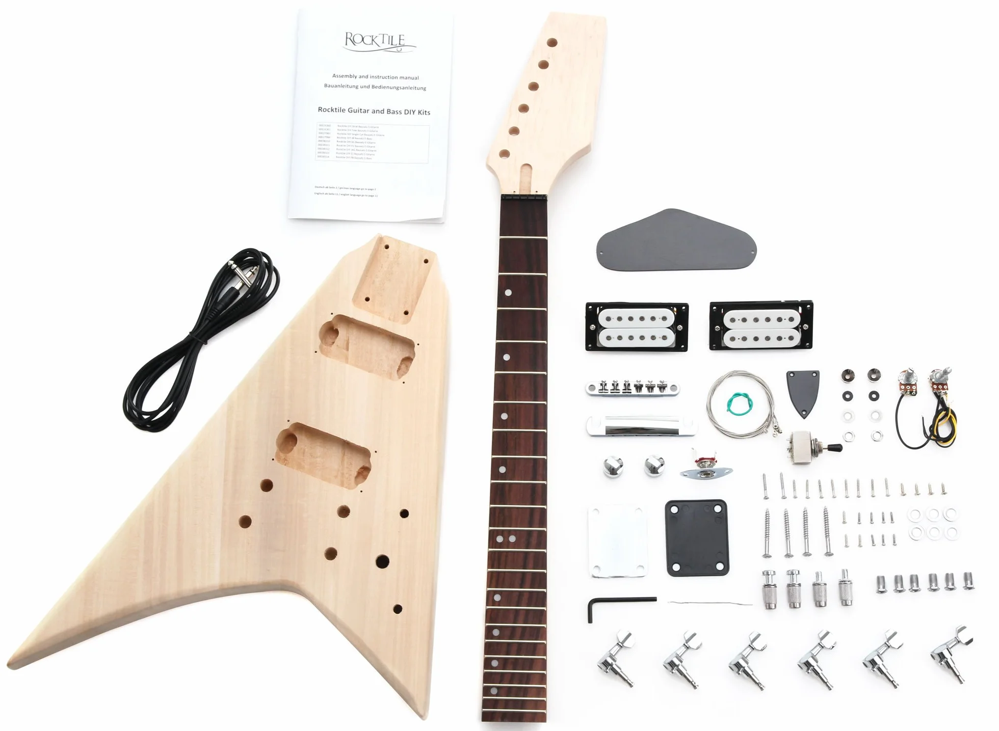 Kit de Guitarra Eléctrica Rocktile Estilo RR - DIY E-Guitarra con cuerpo y mástil de caoba, diapasón de palisandro, 2 humbuckers, mensura de 25" (635 mm), todas las piezas y hardware incluidos