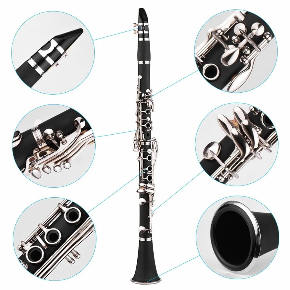 Clarinete ABS 17 llaves bB, clarinete binocular plano de soprano, incluye paños de limpieza y guantes, 10 cañas con estuche, destornillador, instrumento de viento de madera