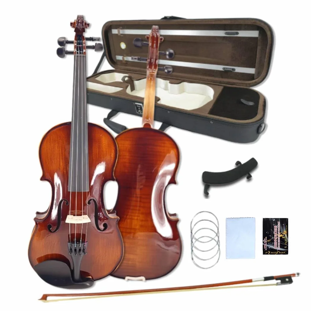 Violín 4/4 conjunto completo para principiantes, adultos, estudiantes, violín de madera maciza de arce y abeto envejecido, accesorios de ébano con estuche rígido, soporte para hombro, arco