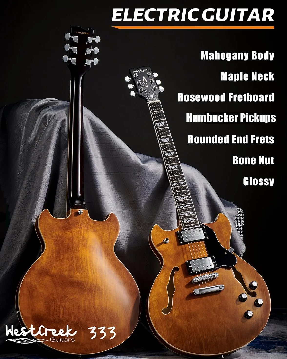 WestCreek Guitars 333 Cuerpo Hueco Guitarra Eléctrica, Jazz Electric Guitar, Cuerpo de Arce, Mástil Arce, diapasón de Palisandro, Cejuela de Hueso, 22 Trastes