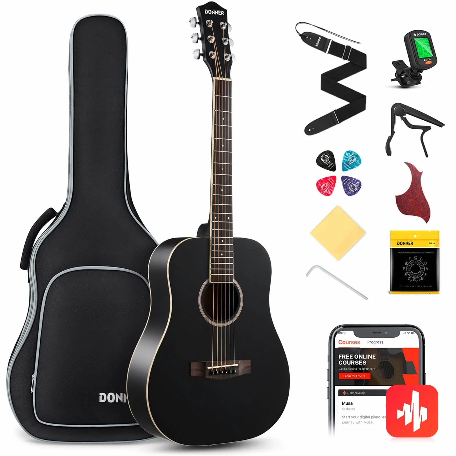 Donner Guitarra Acústica 3/4 para Adulto Principiante Guitarra Kit 36 Pulgadas Dreadnought de Abeto Caoba con Funda Correa Cejilla Cuerdas Afinador Negro