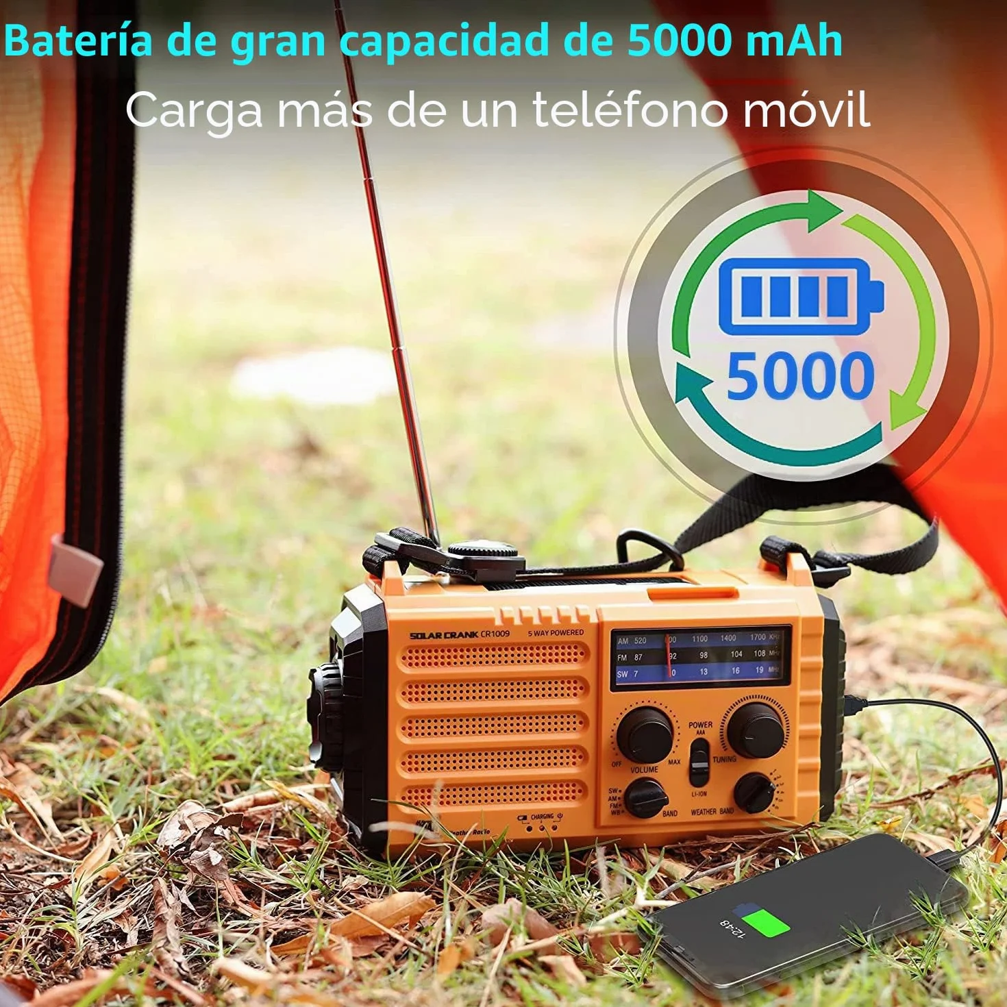 5000mAh Radio Solar, Radio de Emergencia Portátil con Manivela, Radio Dynamo Weather Am/FM, Cargador de Teléfono USB, Linterna LED y Luz de Lectura, Alarma SOS, Brújula para Acampar al Aire Libre