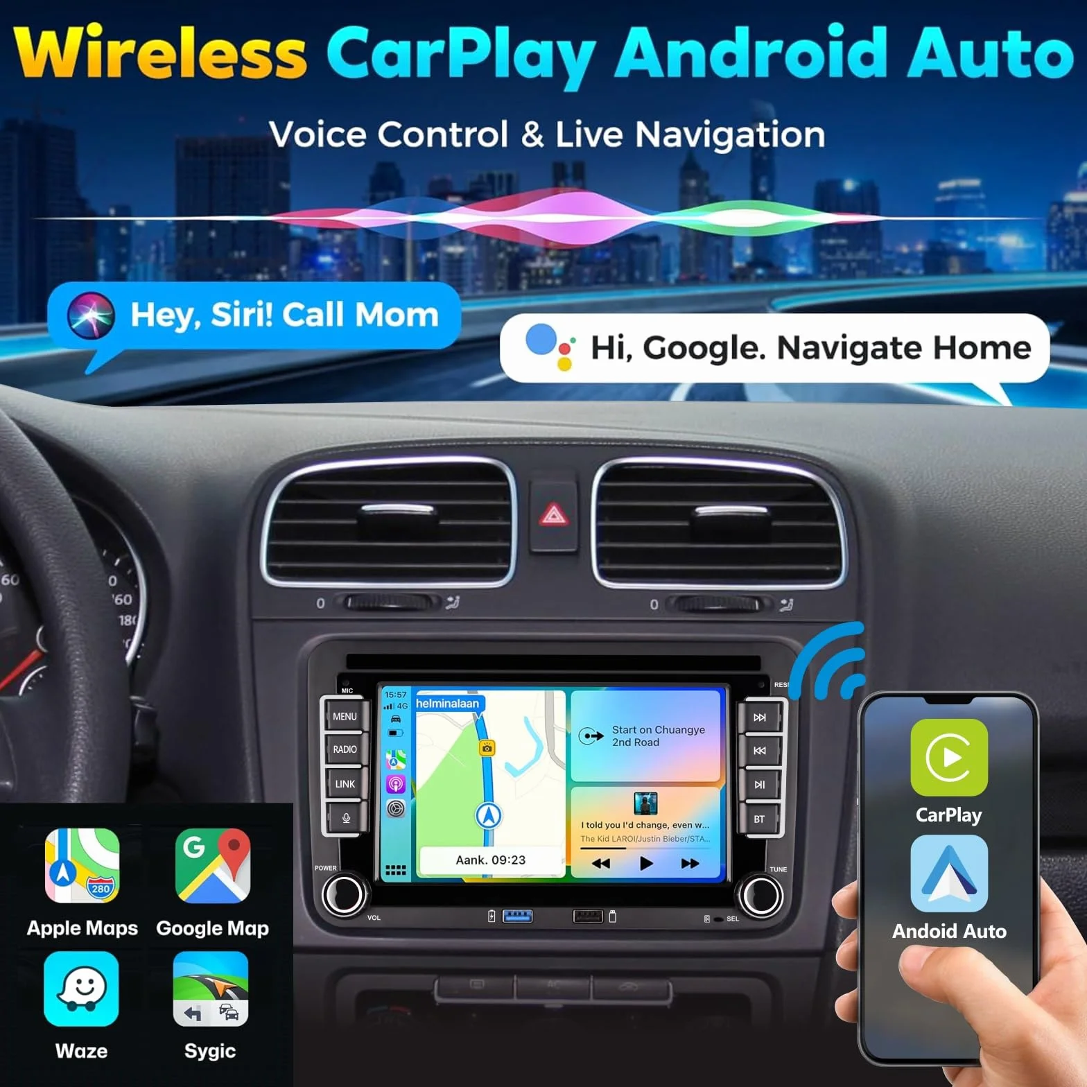 [Versión Fluidez] Radio de automóviles VW Golf 5 6 Polo T5 Tiguan Skoda Passat Jetta Caddy CC Polo Touran Carplay & Android Auto, 7 Pulgadas Pantalla Táctil con/Bluetooth/FM/Am Radio/USB/DPS/RDS