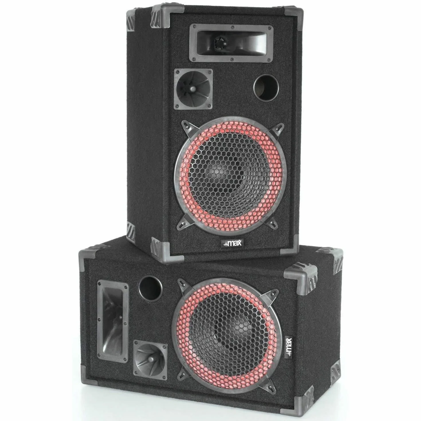 MAX XEN-3508 - Altavoces pasivos PA 500W de 3 vías con woofer 8", Trompeta de Alta dispersión, Carcasa de Madera y Asas, Ideal para DJs Principiantes y Sonido doméstico o portátil