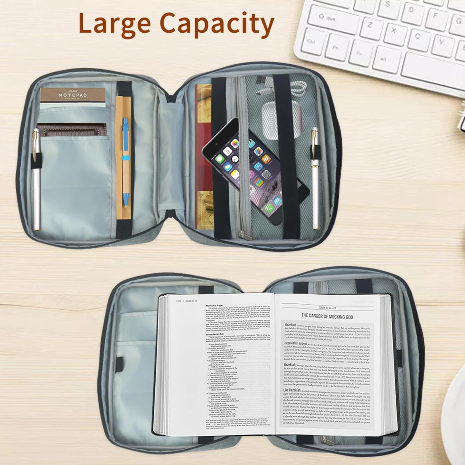 Soporte de almacenamiento con bolsillo ajustable, funda para libro, antideslizante, gris