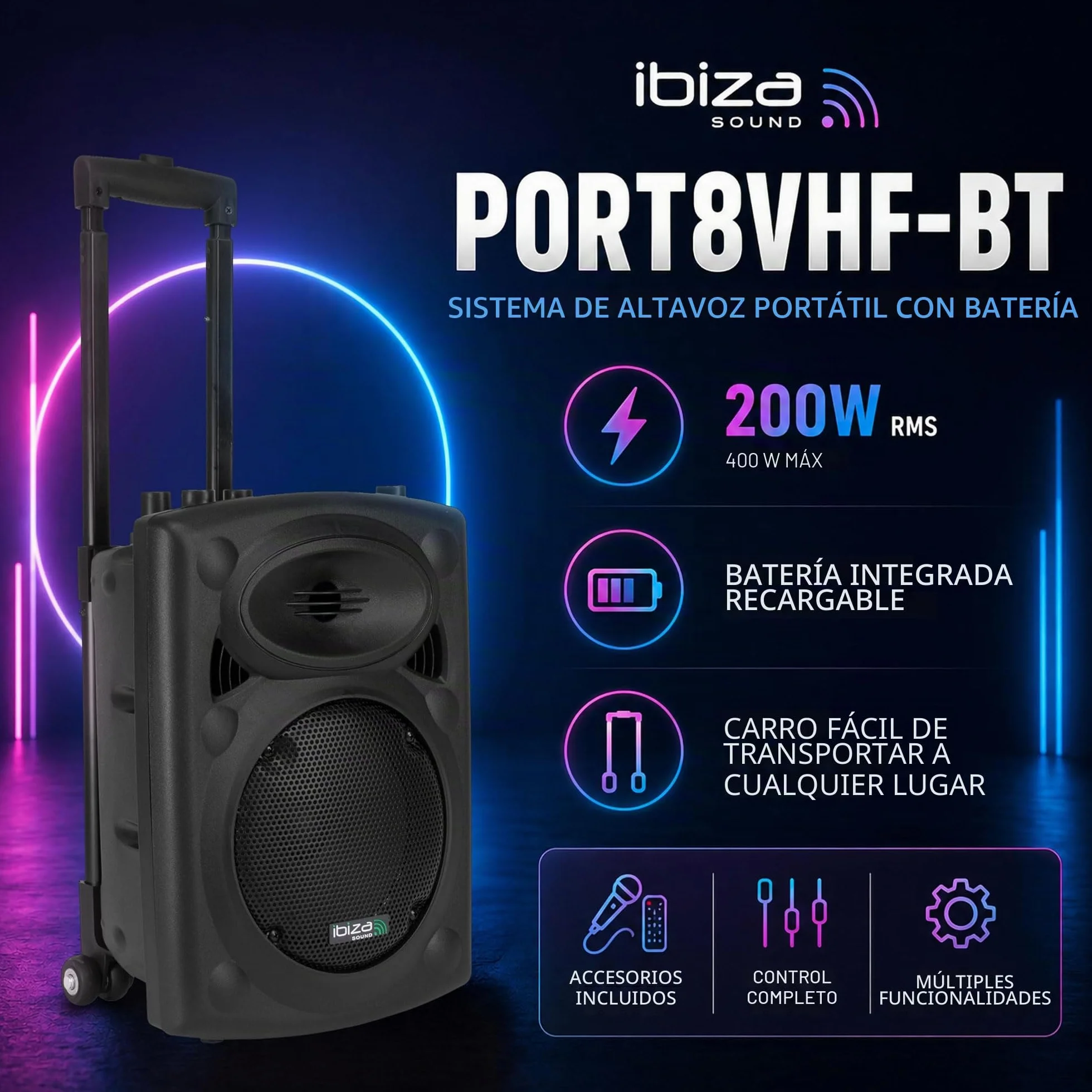 Ibiza Sound PORT8VHF-BT Sistema de sonido portátil 20 cm Bluetooth 200 W Negro