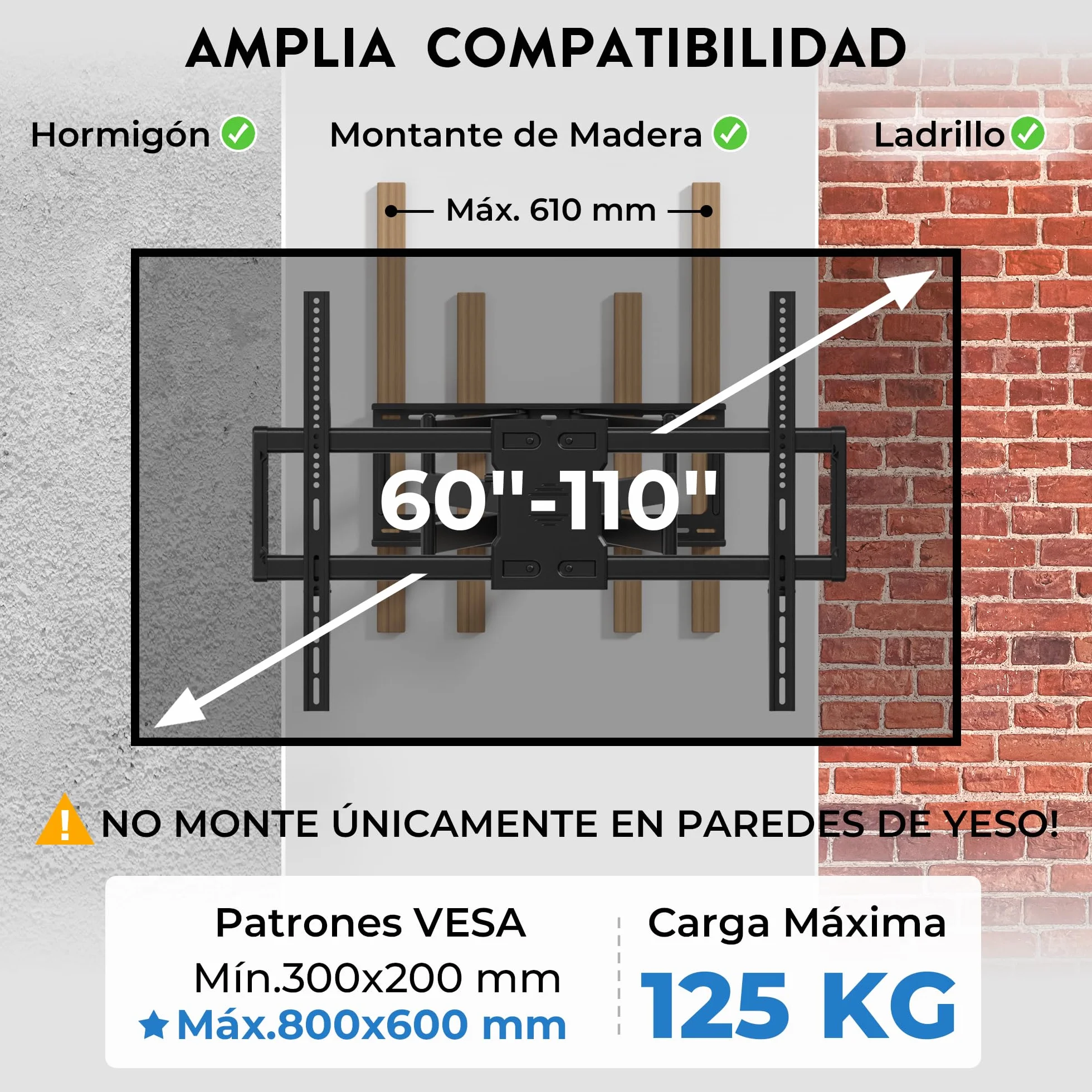BONTEC Soporte TV Pared de 60-110 Pulgadas, Soporte Television Pared Giratorio e Inclinable, Extensión de 1016 mm, VESA 800x600 mm, Carga 125 kg, para Televisores Planos, Curvos y Pantallas Grandes
