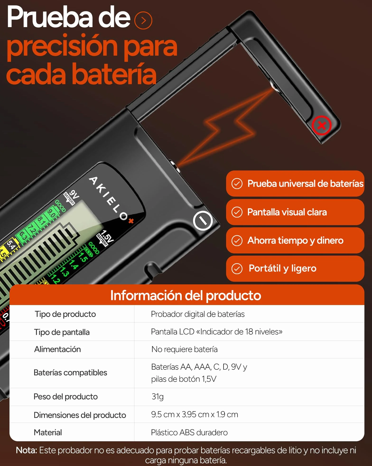 AKIELO+ Comprobador de Pilas Universal Digital – Pantalla LCD de Fácil Lectura – No Requiere Batería – Probador de Pilas Domésticas para AA AAA C D 9V y Pilas de Botón 1,5V
