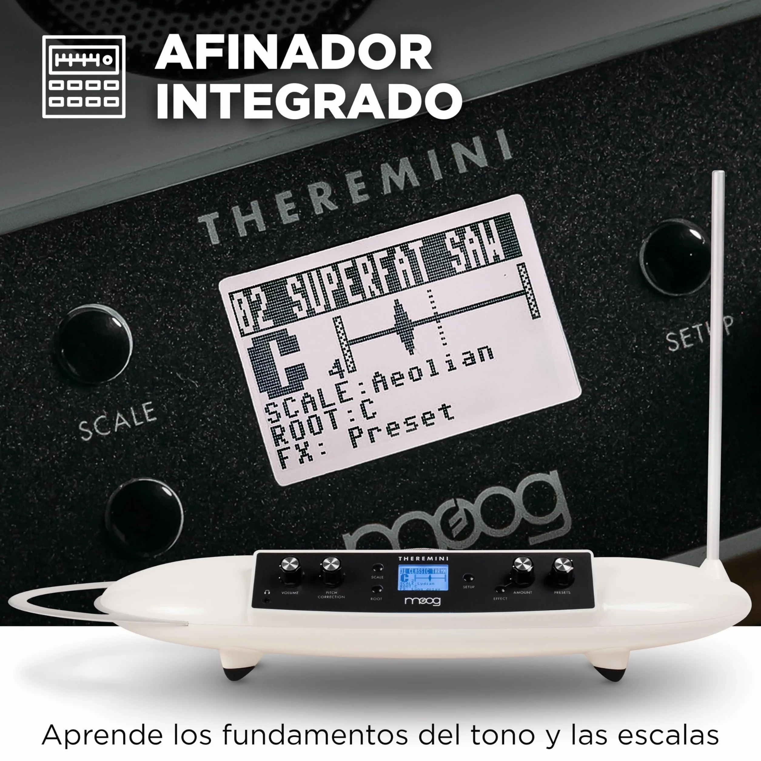 MOOG Theremini - Theremin con Corrección de Tono, Salida CV, Afinador y Altavoz, Motor de Sonido de Sintetizador AniMOOG con 32 Presets y Pantalla LCD