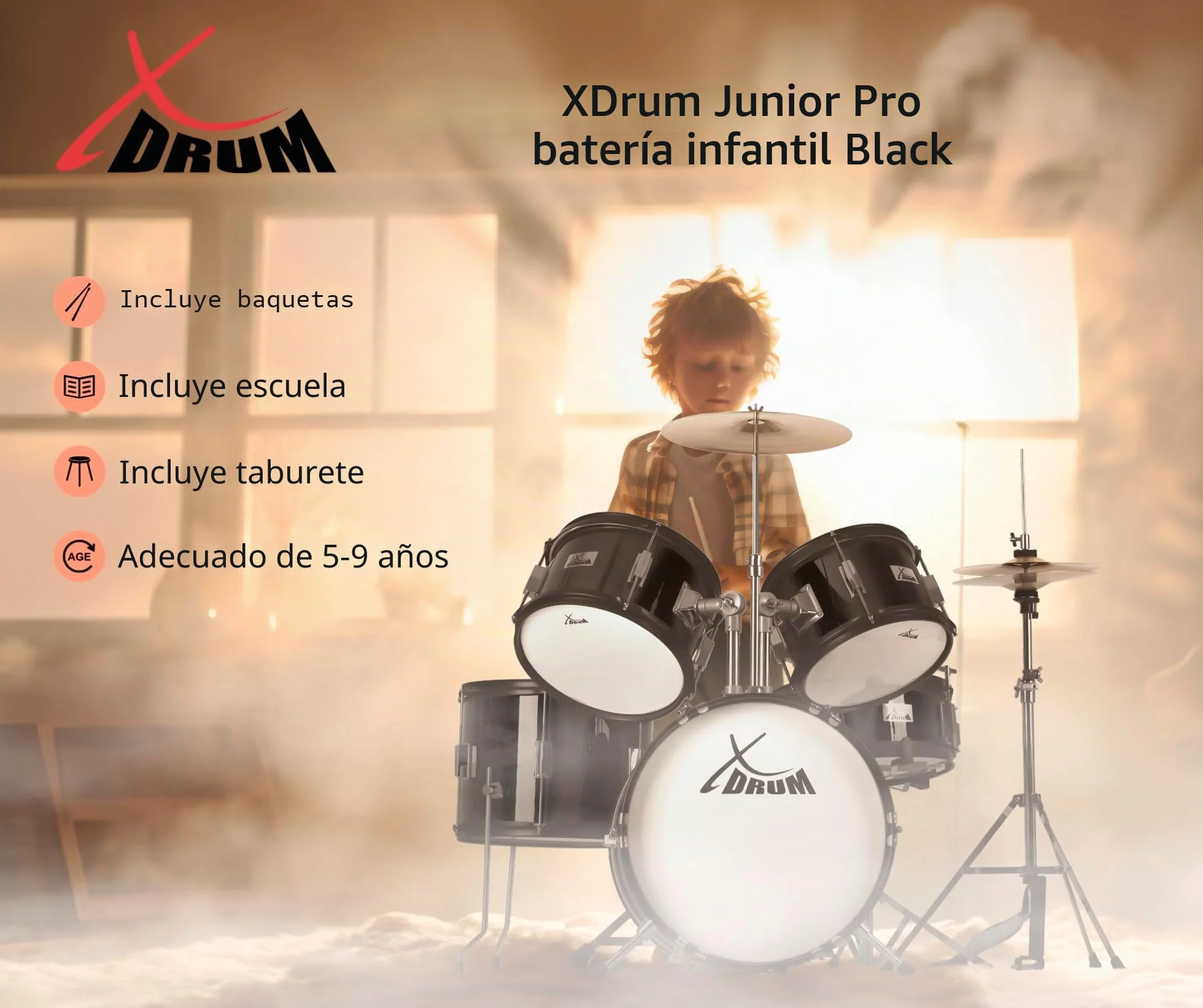 XDrum Junior Pro Batería Infantil Black - adecuada de 5 a 9 años - Set de batería con accesorios completos - incl. escuela - Negro