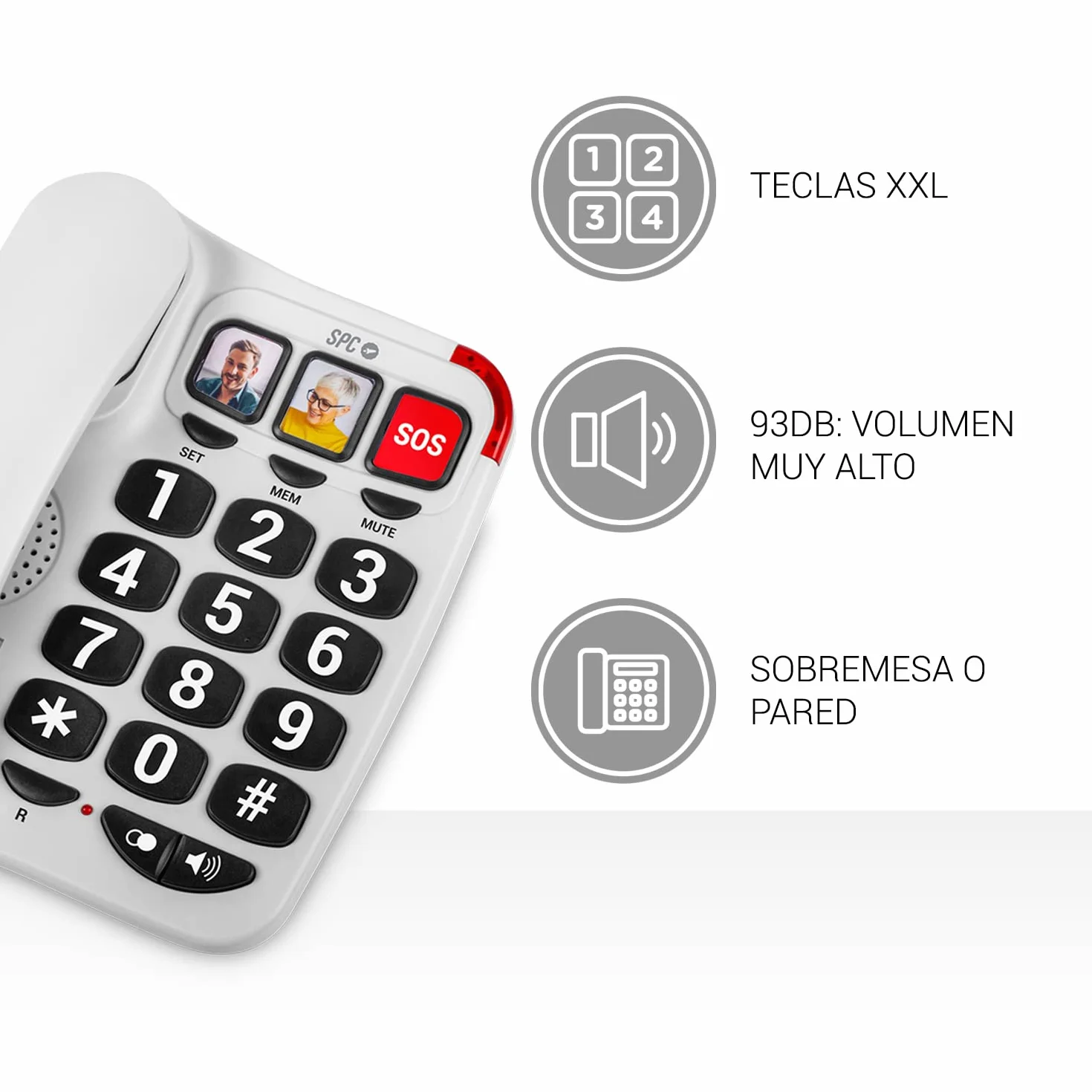 SPC Comfort Numbers 2 Teléfono Fijo Mayores Teclas Grandes 3 Memorias Foto Volumen Alto Audífonos Señal Luminosa Blanco