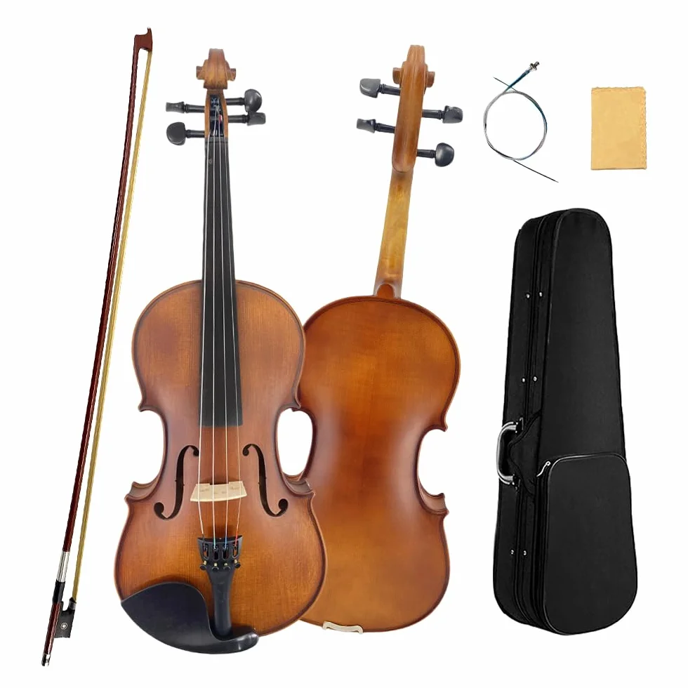 Viola de 4 cuerdas de tamaño completo meticulosamente elaborada con parte trasera de madera de arce, madera de abeto adornada con diapasón de ébano adornado, soporte de barbilla completo
