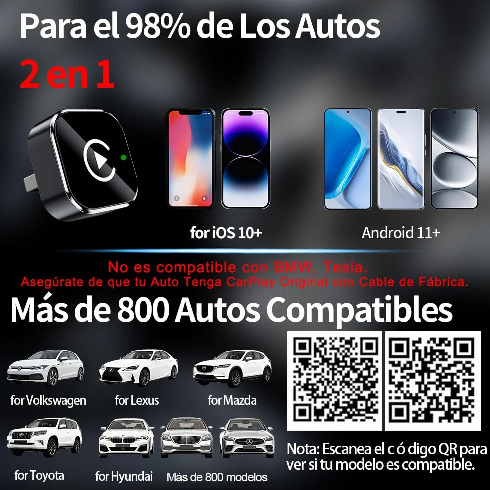 2 en 1 Adaptador CarPlay Inalámbrico, Bluetooth V5.3 Conexión Estable, WiFi 6 de Doble Banda de Alta Velocidad, USB A/C, Bluetooth Car Play Wireless Adapter Dongle para iPhone iOS 10+ & Android 11+