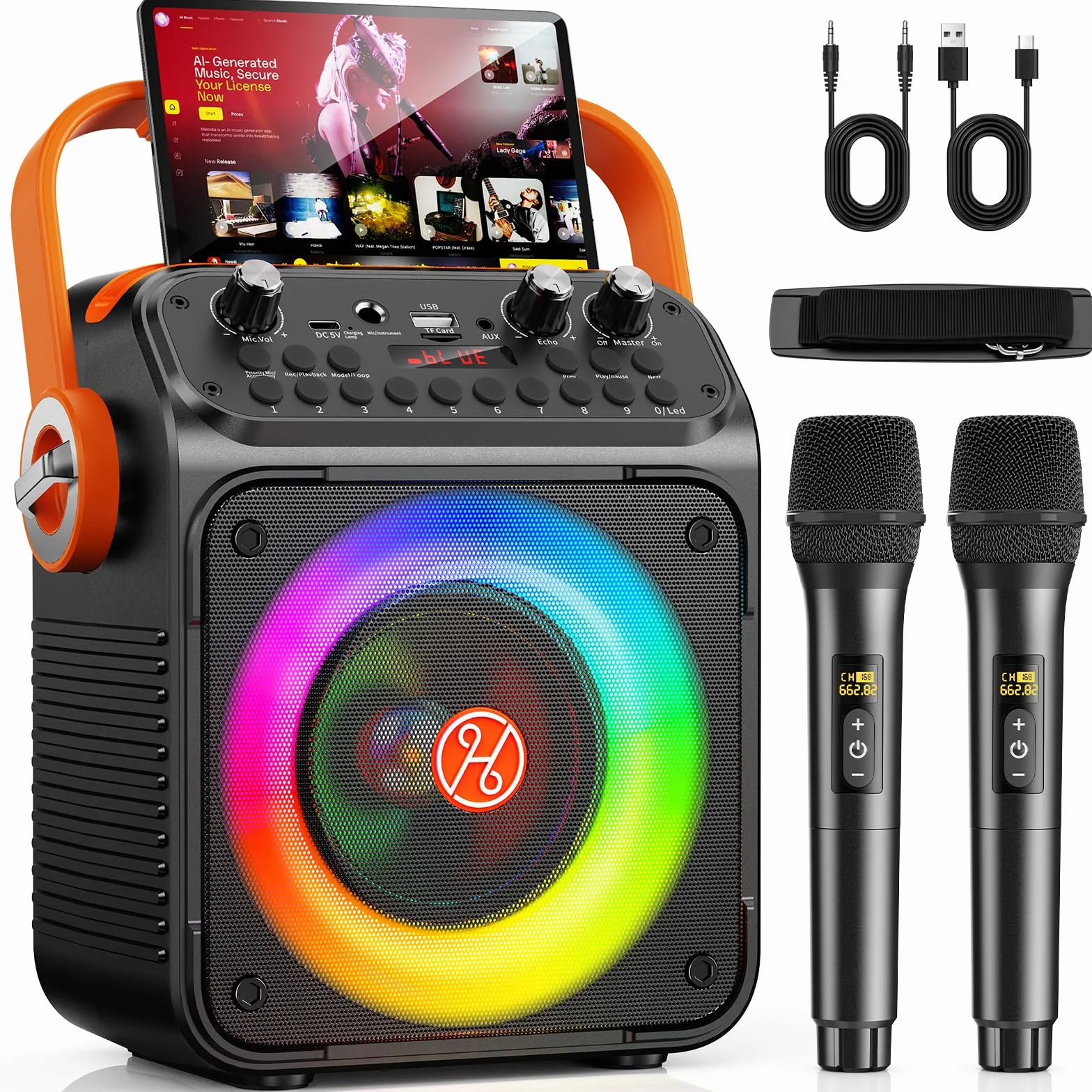 HWWR Karaoke 2 Microfonos Inalambricos, Karaoke Profesional para Adultos Y Niños Altavoz Bluetooth con Preamplificador De Micrófono, Portátil Bluetooth Fiesta Altavoz Karaoke-Regalo