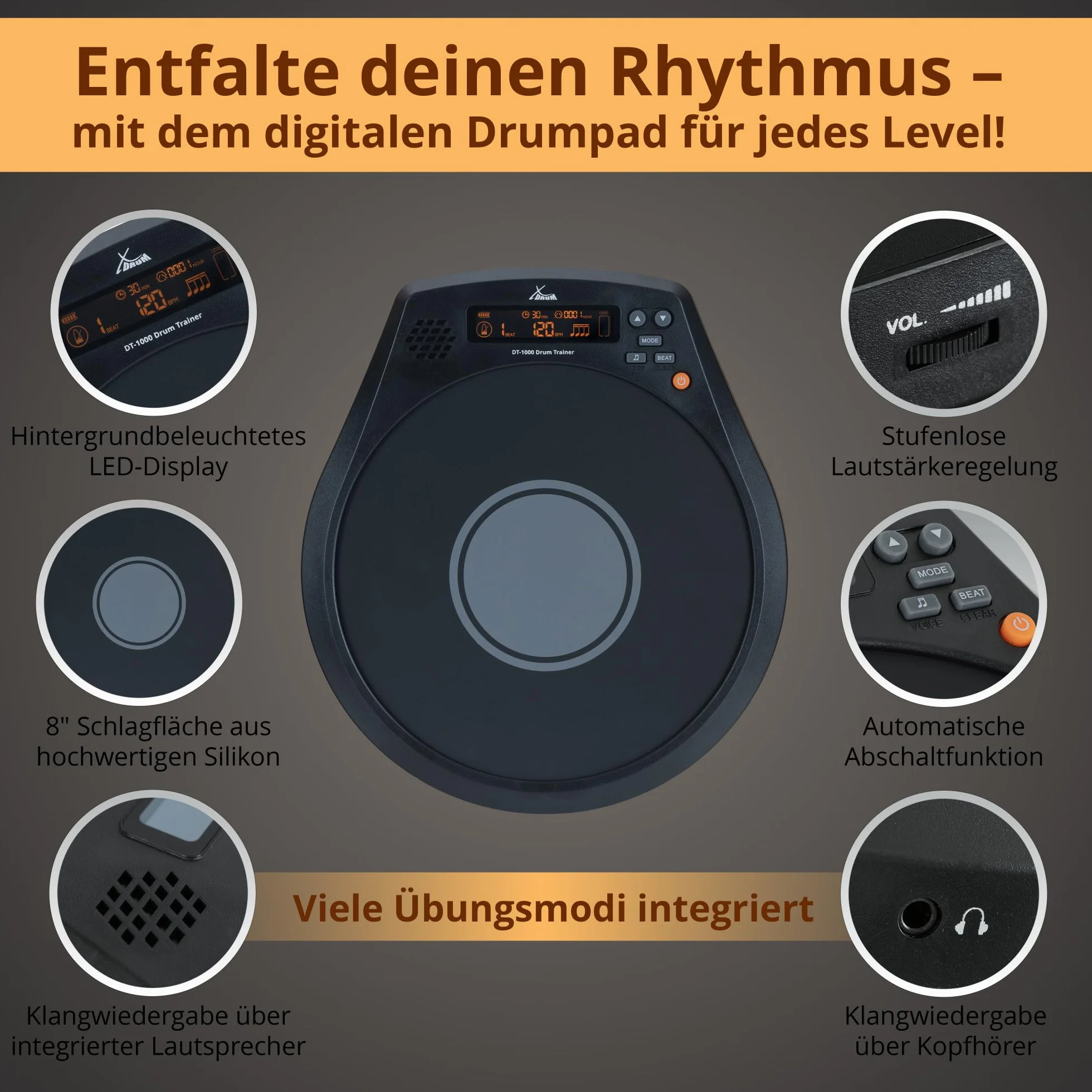 XDrum DT1000 Drum Trainer: 8 almohadillas de silicona, metrónomo, contador de golpes y visualización dinámica, batería de litio hasta 16 h, pad con entrada para auriculares, ideal casa y viaje
