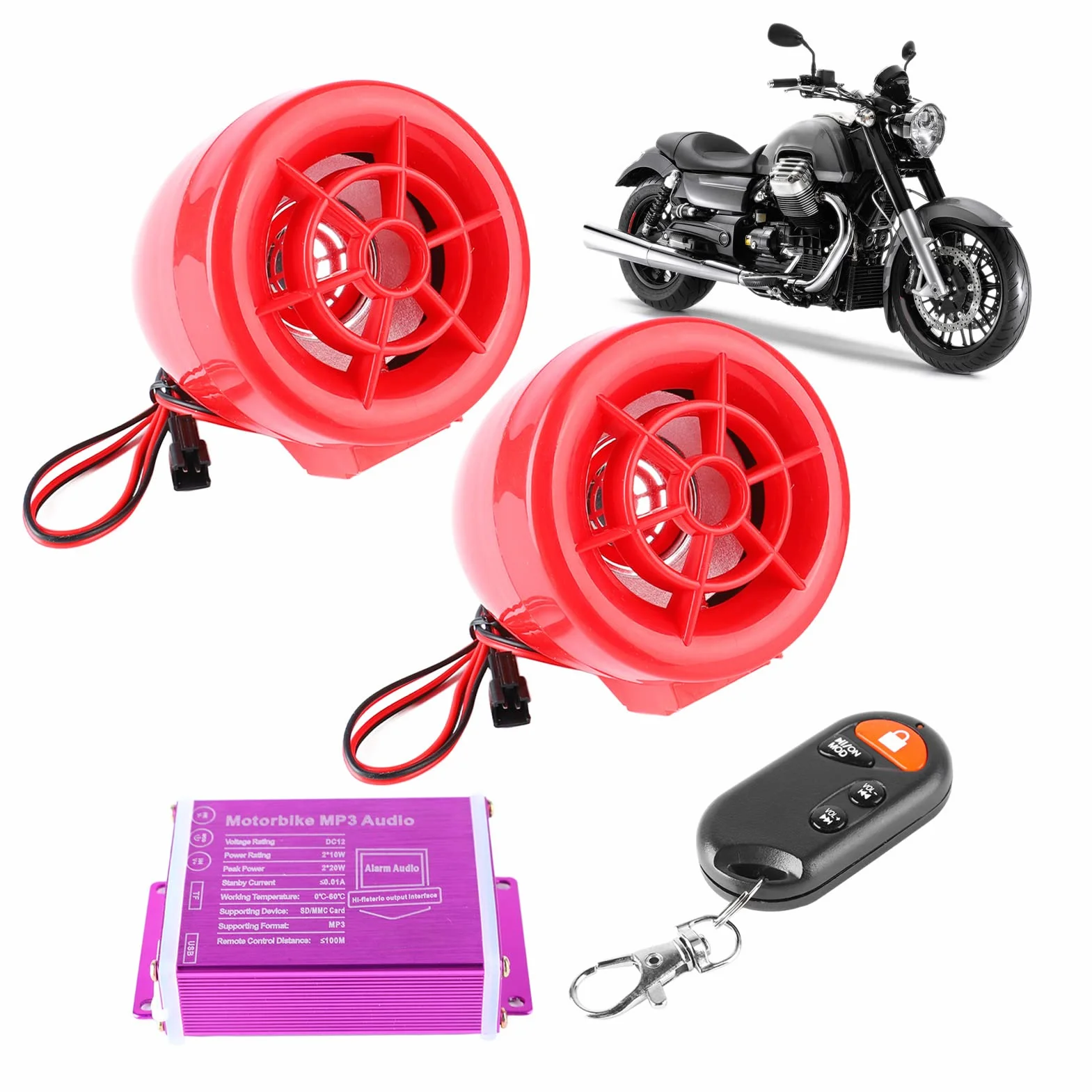 Cocoarm Altavoces de Alarma para Moto, Reproductor MP3 Bluetooth Resistente Al Agua, Antirrobo para Motos con Radio FM y Conectividad USB