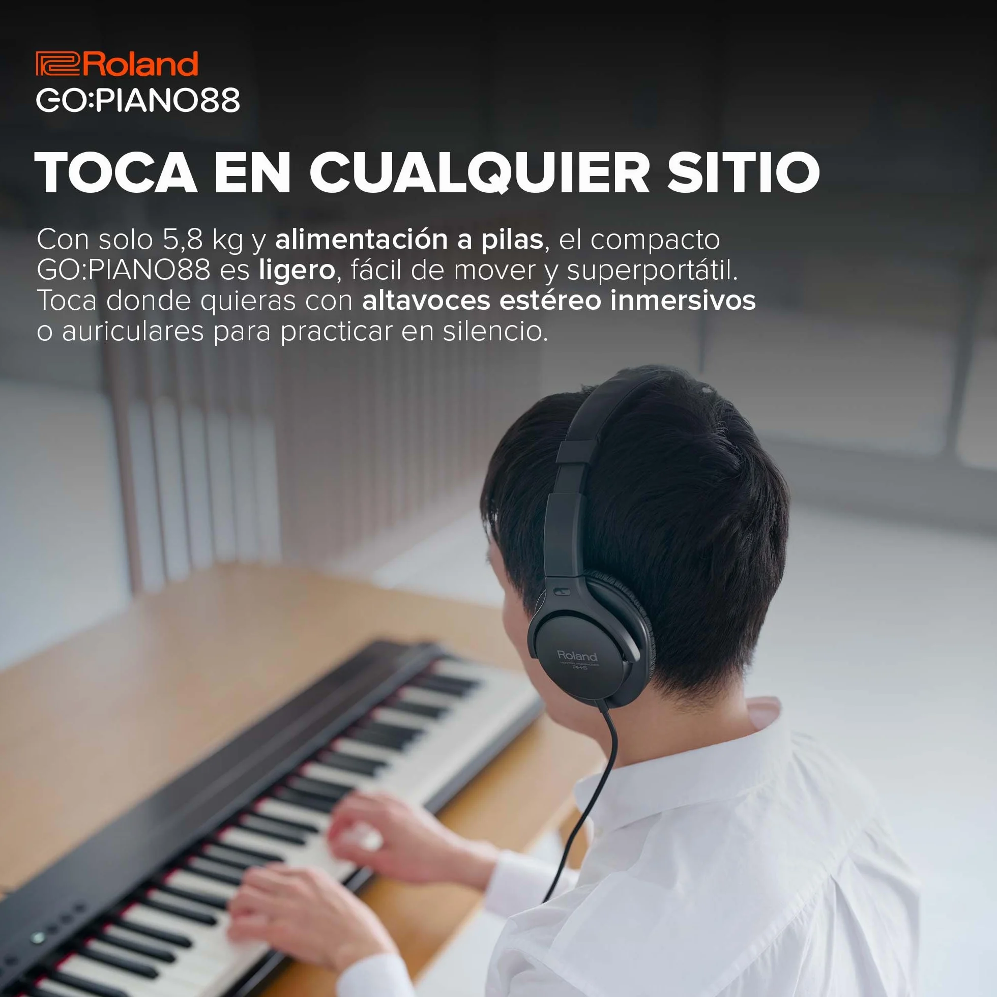 Roland GO:PIANO88 | Piano digital de 88 notas portátil y básico | Prestaciones prémium | Diseño ligero | Potentes funciones didácticas | Funcionamiento a pilas | Conexiones Bluetooth y MIDI