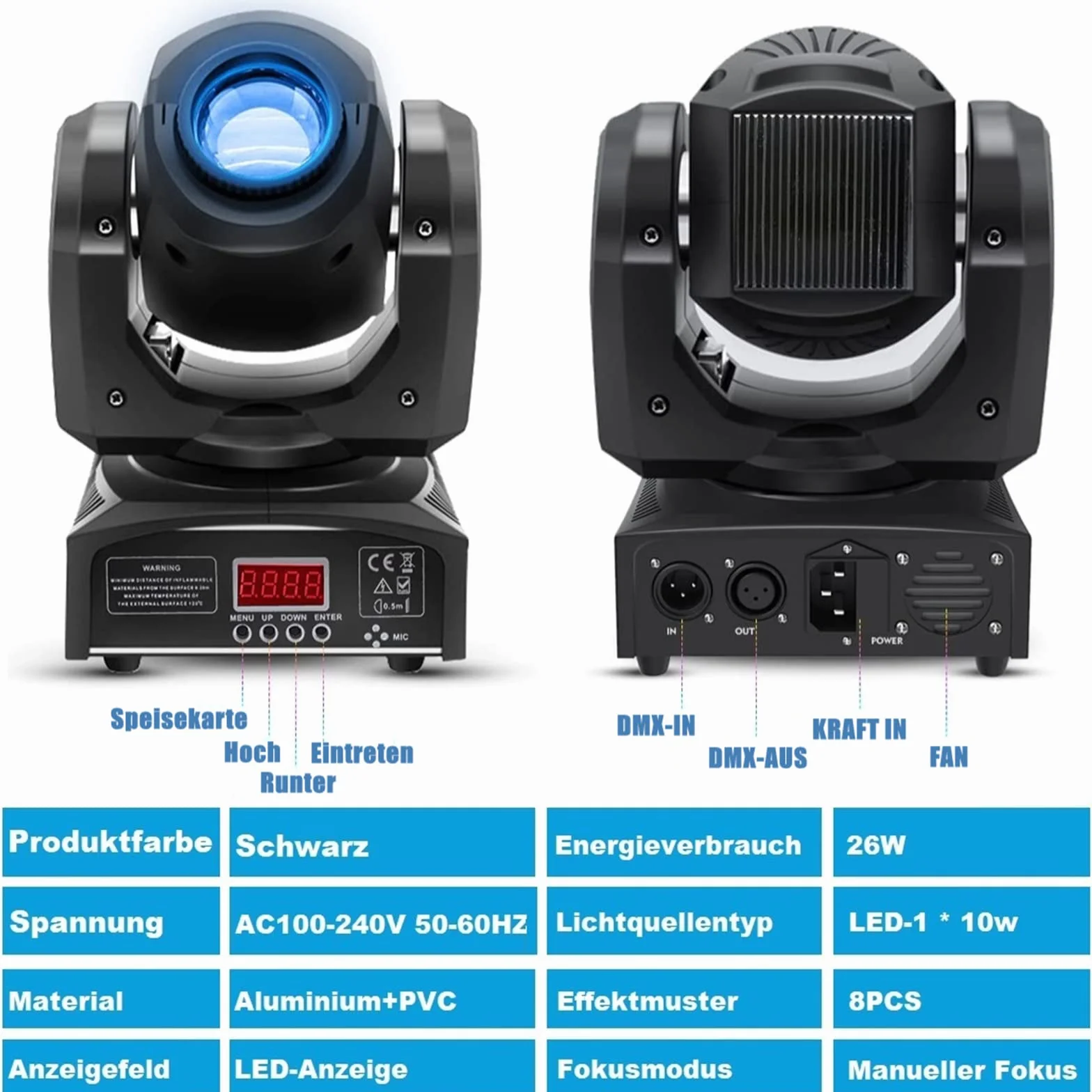 HOLDLAMP Cabeza Móvil LED Spot Beam Discoteca 30W dmx512 RGB Luz del Partido la Iluminación del Escenario con 8 Patrones de Efecto de Luz para Bar Fiesta Navideña Halloween - 1 PC