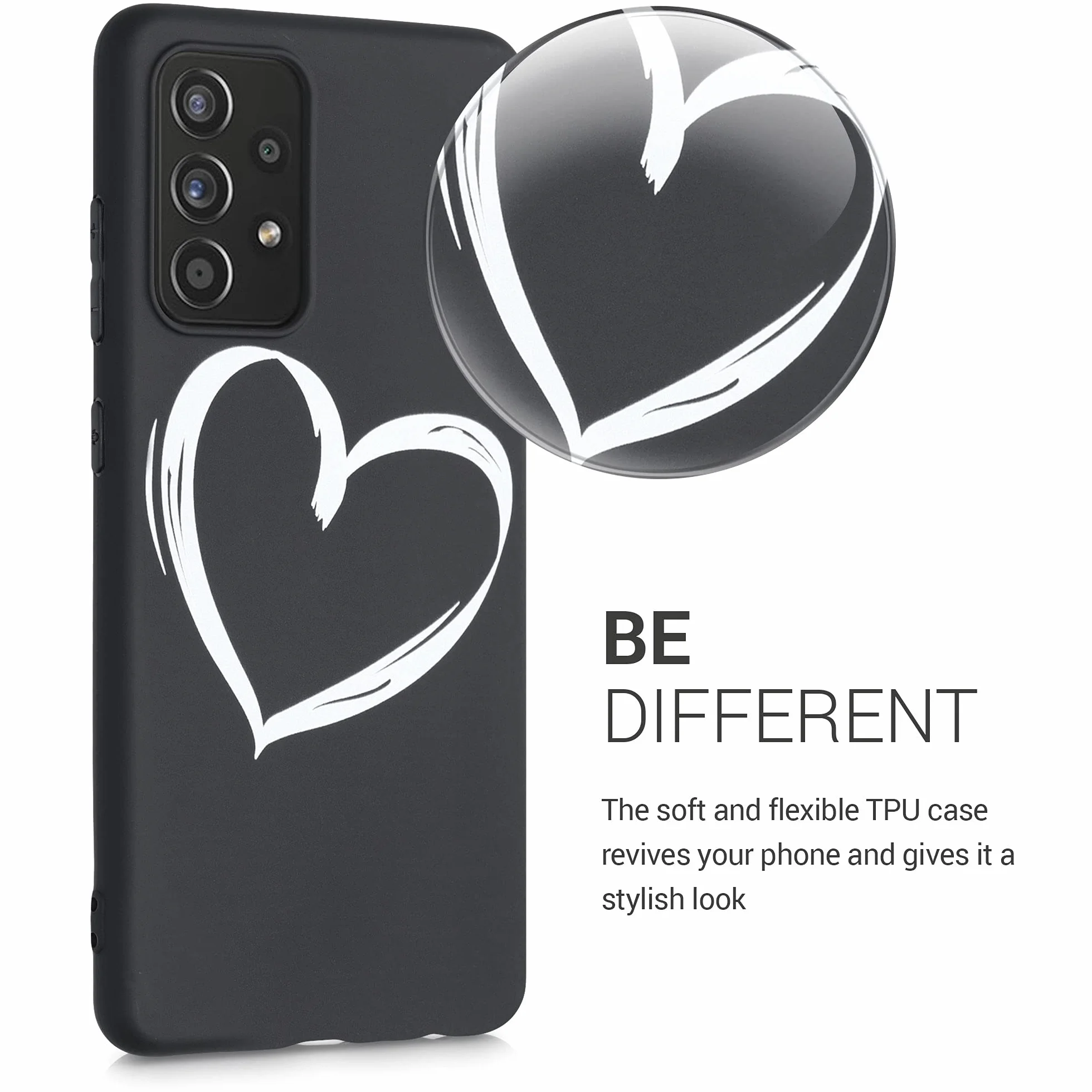 kwmobile Carcasa Compatible con Samsung Galaxy A52, A52 5G, A52s 5G - Funda TPU - Dibujo Corazón Blanco/Negro